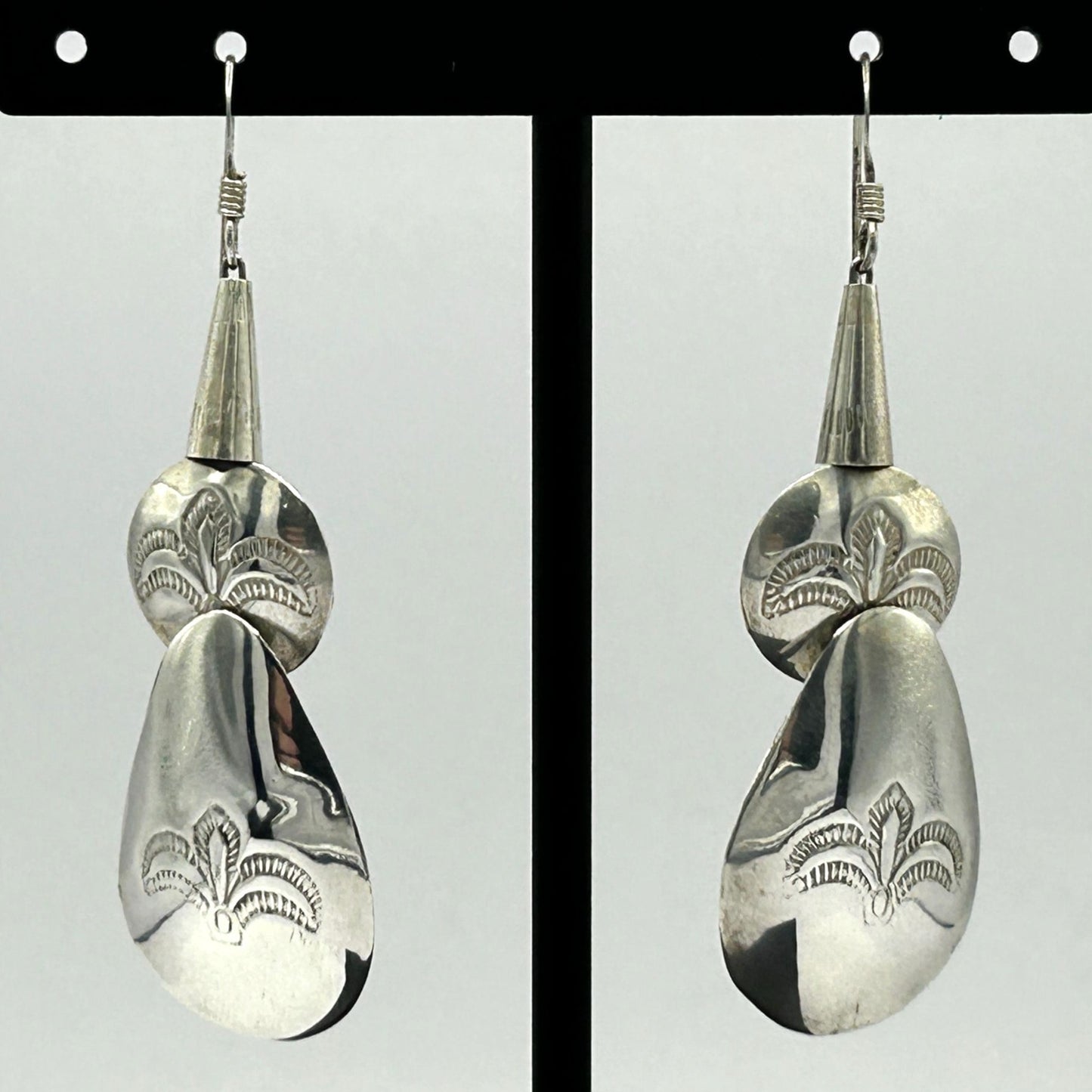 Sterling Silver Navajo Native American Concho Bead 2" Dangle Earrings - 7.4g
