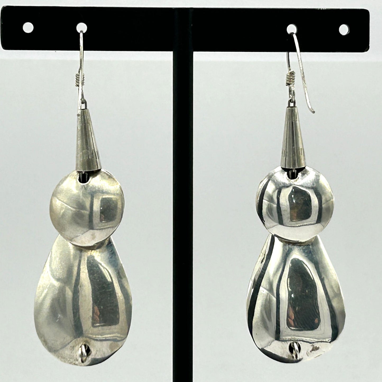Sterling Silver Navajo Native American Concho Bead 2" Dangle Earrings - 7.4g