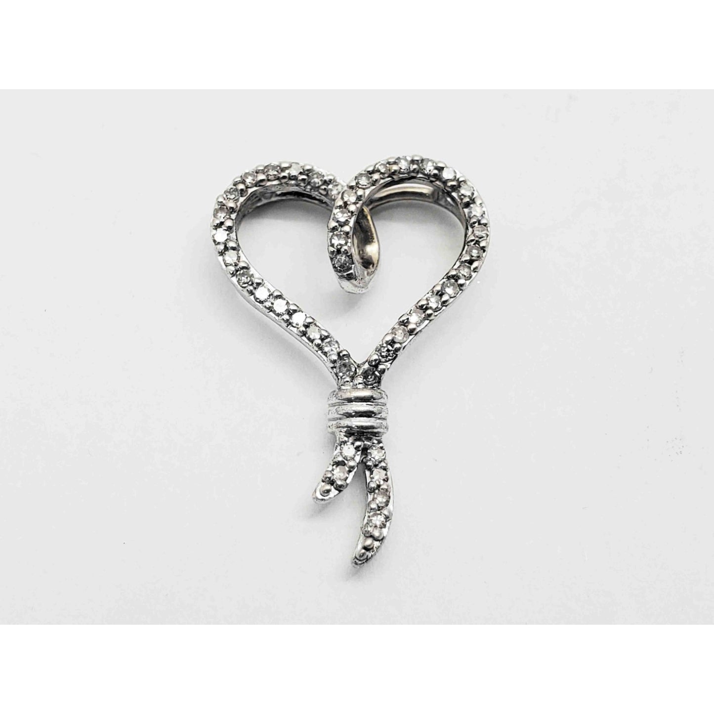 0.42 ctw Diamond Open Heart Ribbon Knot Charm Pendant 14k White Gold