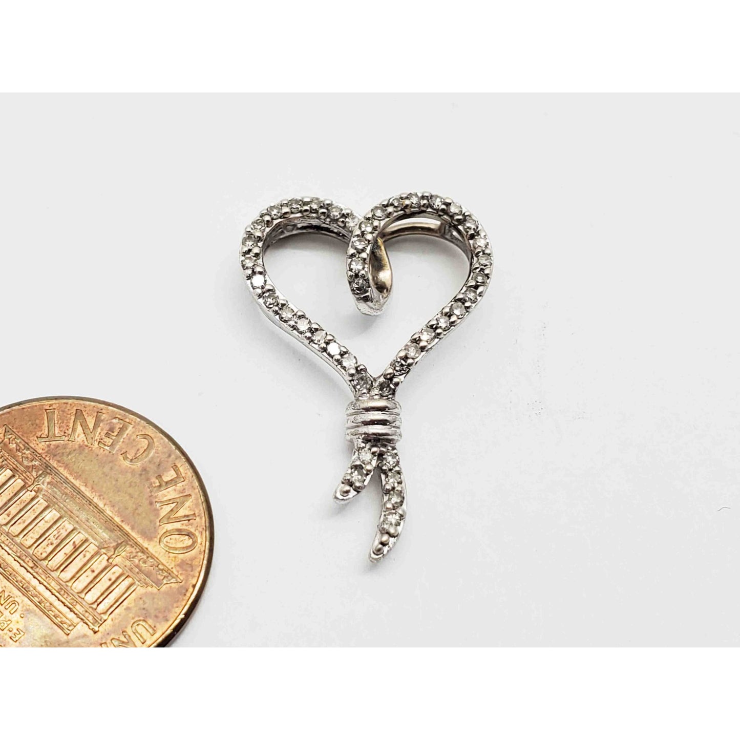 0.42 ctw Diamond Open Heart Ribbon Knot Charm Pendant 14k White Gold