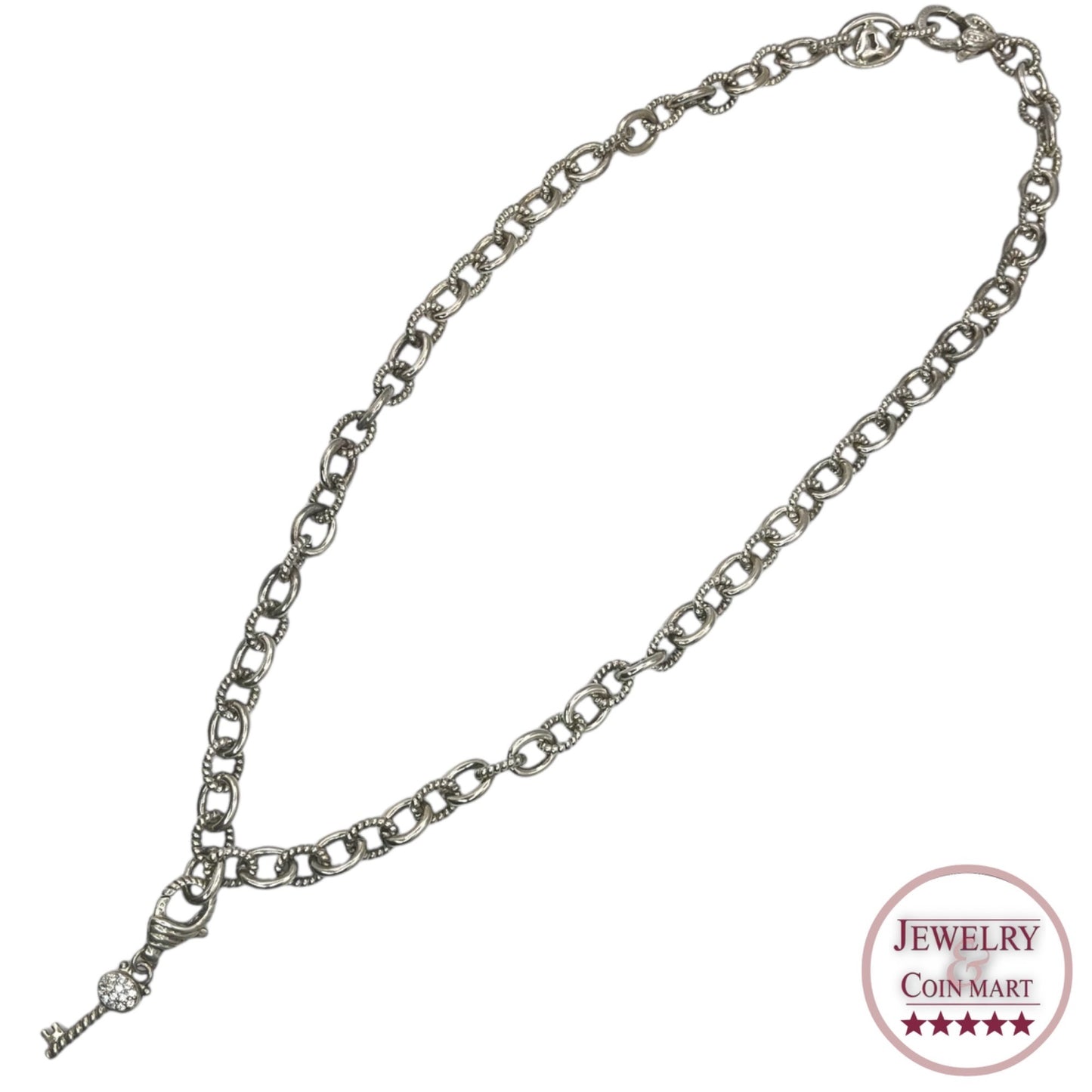 Judith Ripka Sterling Silver Textured Link Chain Key Pendant CZ Classic