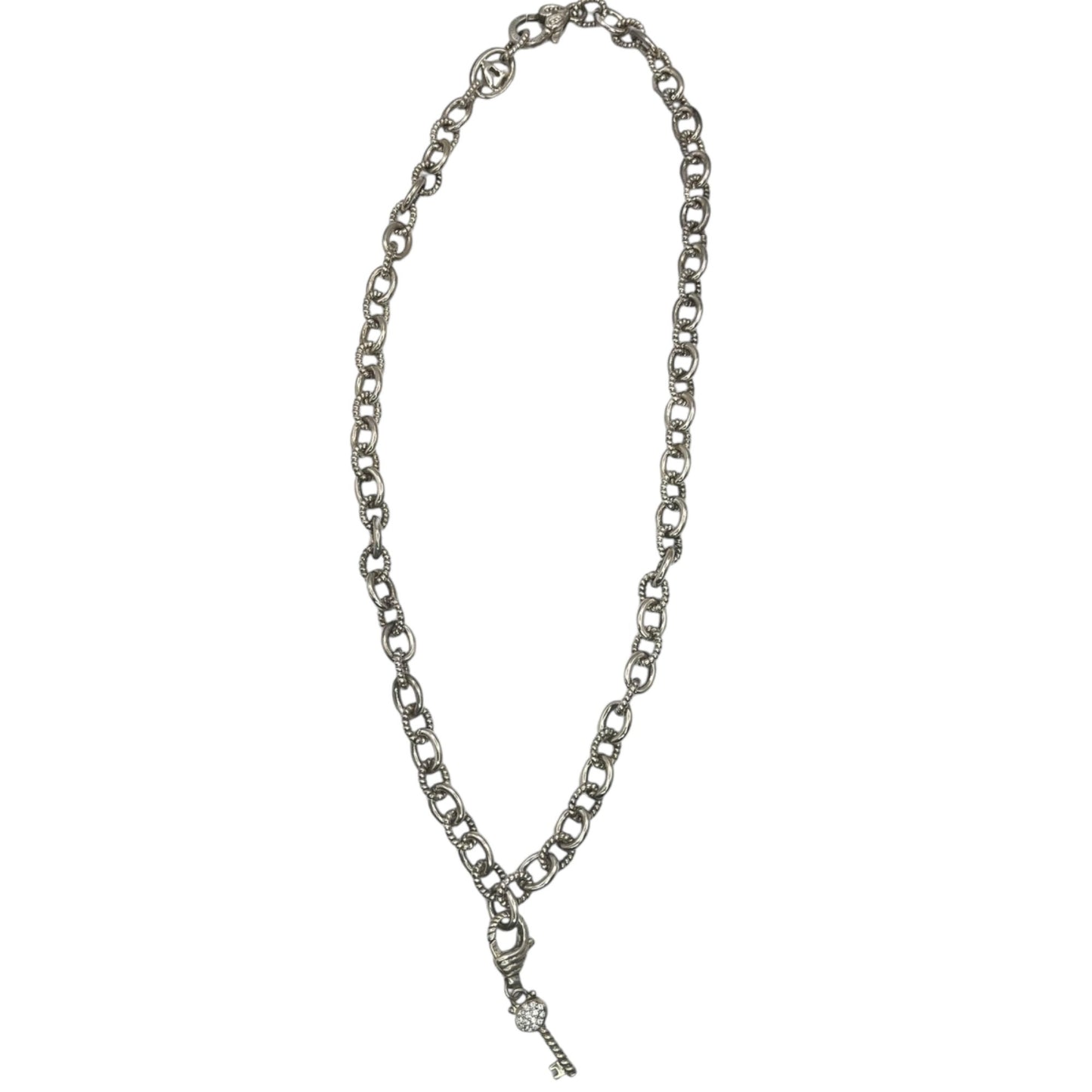 Judith Ripka Sterling Silver Textured Link Chain Key Pendant CZ Classic