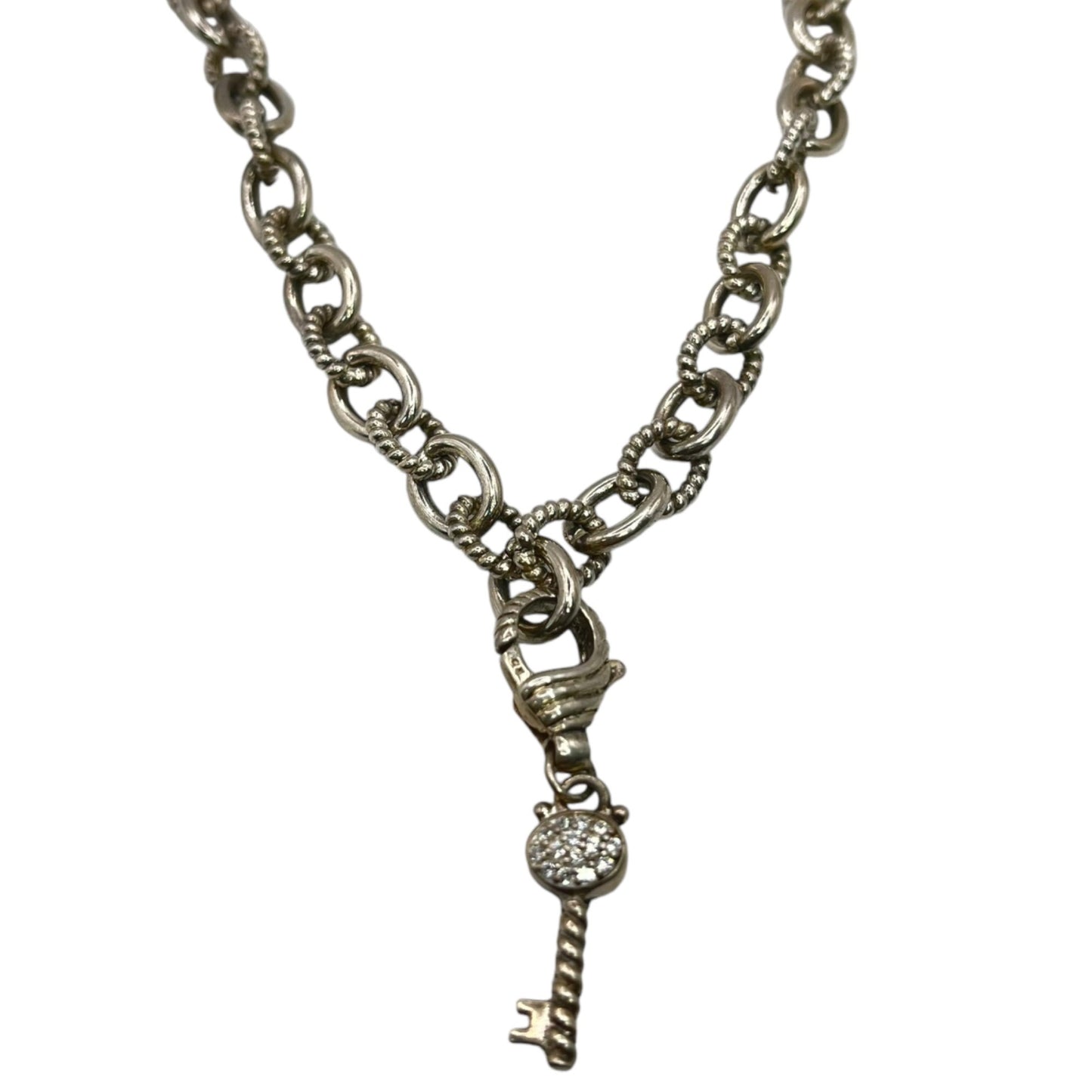 Judith Ripka Sterling Silver Textured Link Chain Key Pendant CZ Classic