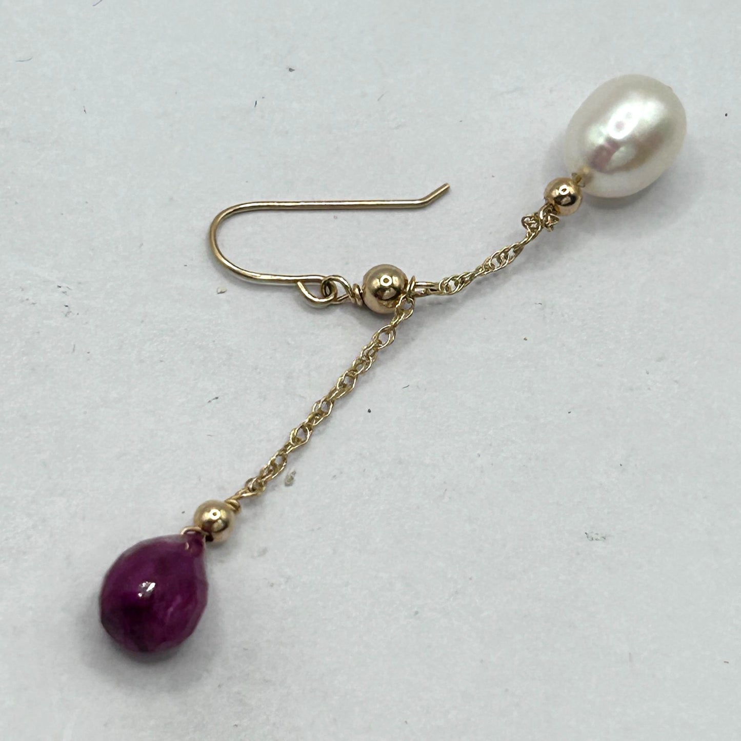 14k Yellow Gold Pearl & Created Ruby Dangle Drop Earrings