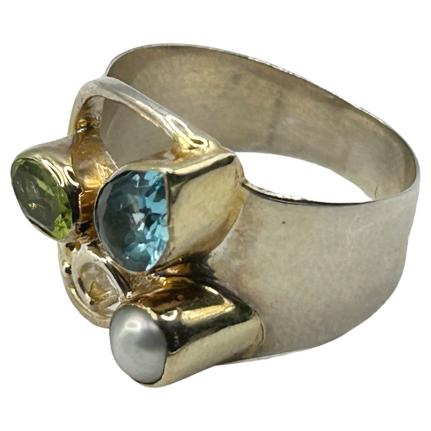 925 Sterling Silver Topaz, Peridot and Pearl Size 6.5 Gemstone Ring
