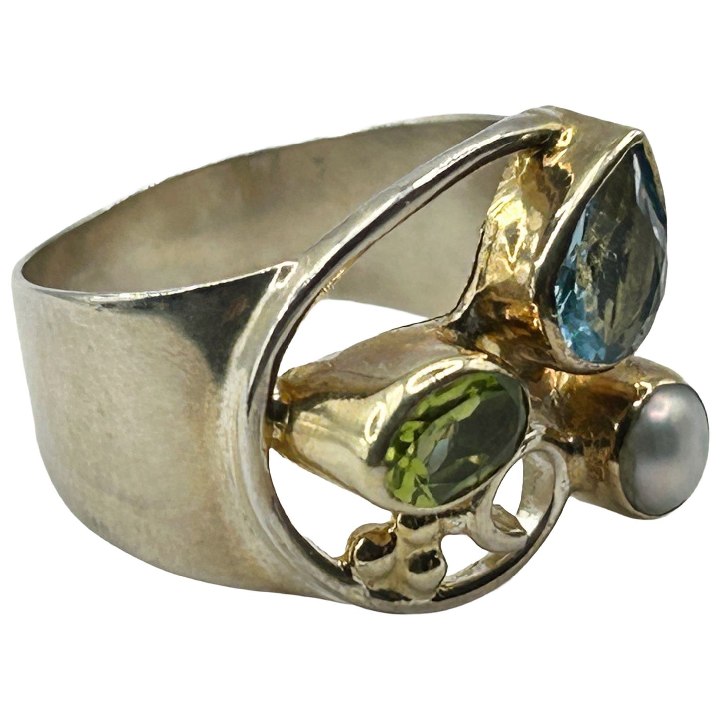 925 Sterling Silver Topaz, Peridot and Pearl Size 6.5 Gemstone Ring