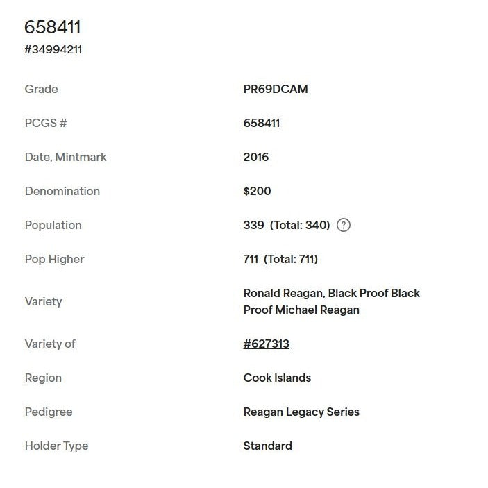 2016 $200 1oz .9999 Gold Ronald Reagan Legacy Gold PCGS PR69 DCAM - Black Proof