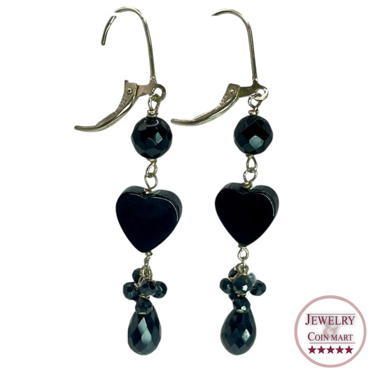 925 Sterling Silver Beaded Dangle Drop Lever back Earrings Heart Black Statement