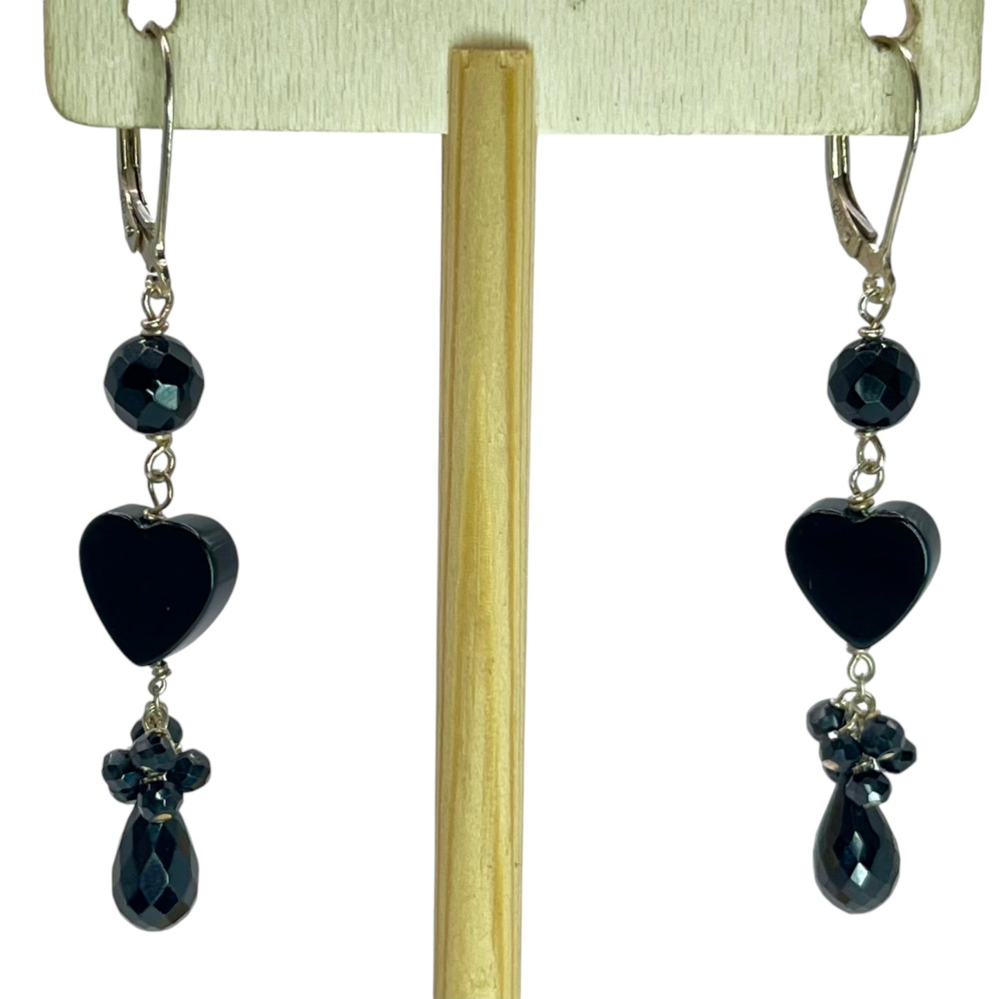 925 Sterling Silver Beaded Dangle Drop Lever back Earrings Heart Black Statement