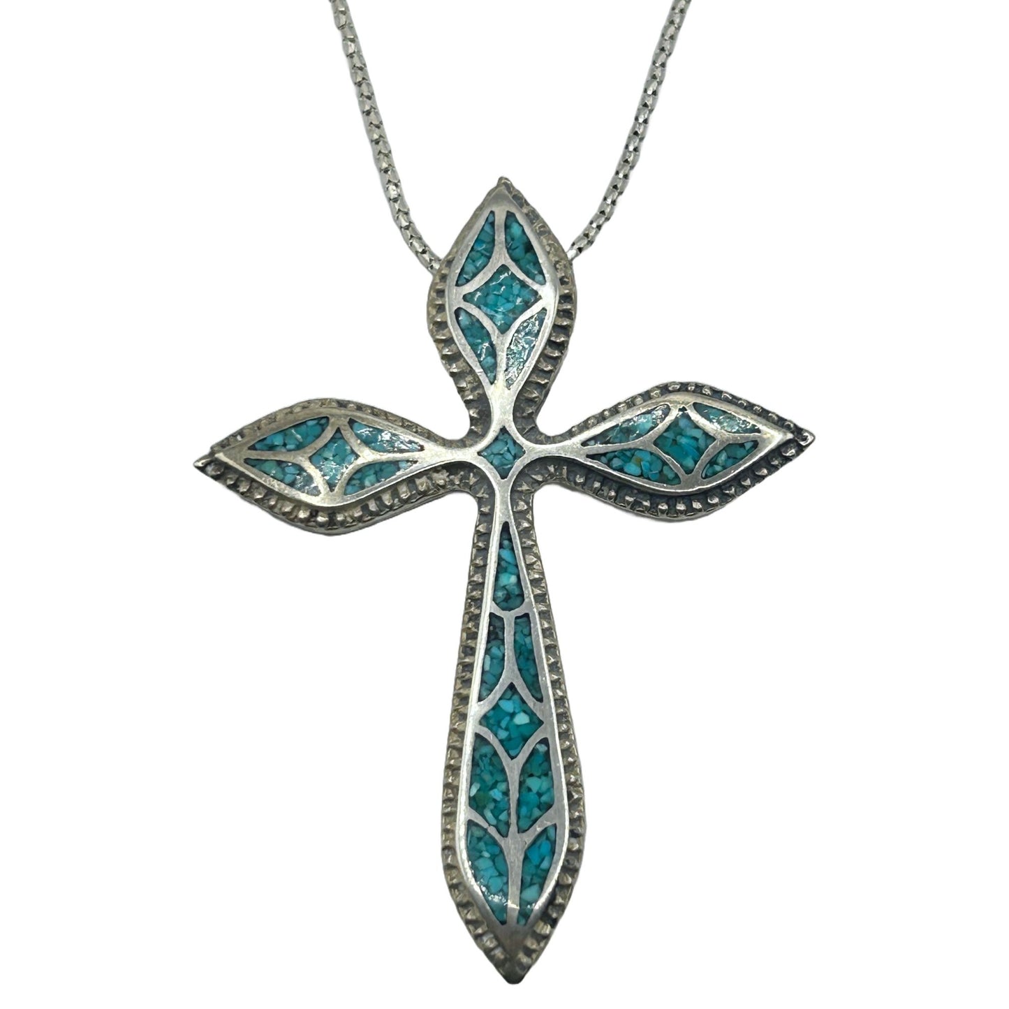Native American 925 Sterling Silver Turquoise Chip Inlay Cross Pendant Necklace