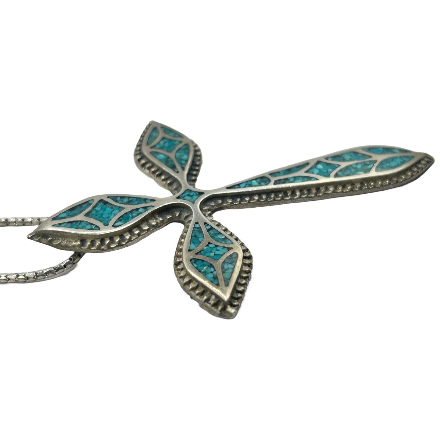 Native American 925 Sterling Silver Turquoise Chip Inlay Cross Pendant Necklace