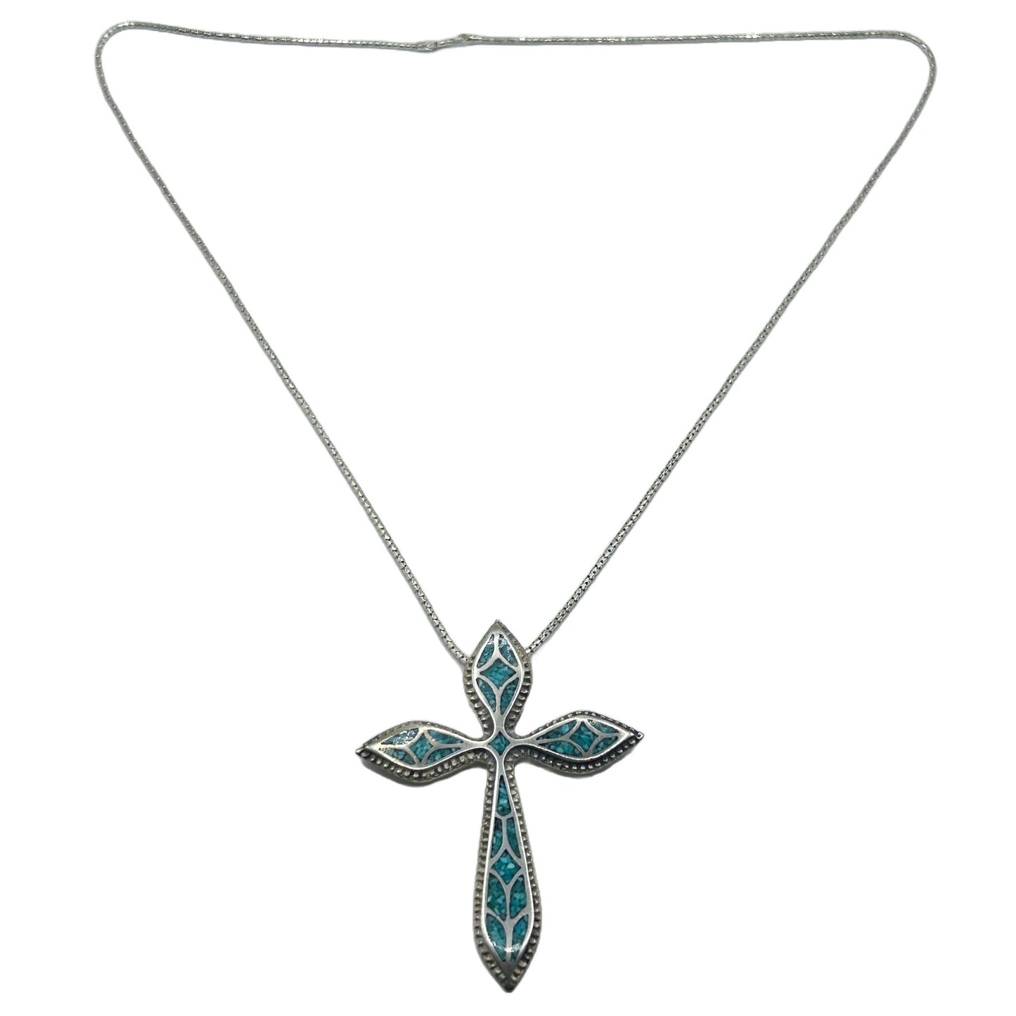 Native American 925 Sterling Silver Turquoise Chip Inlay Cross Pendant Necklace