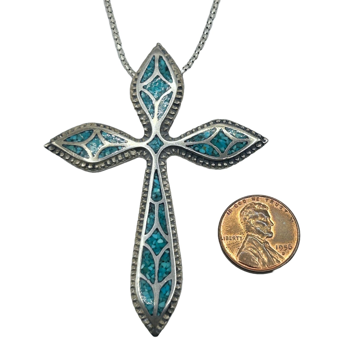Native American 925 Sterling Silver Turquoise Chip Inlay Cross Pendant Necklace