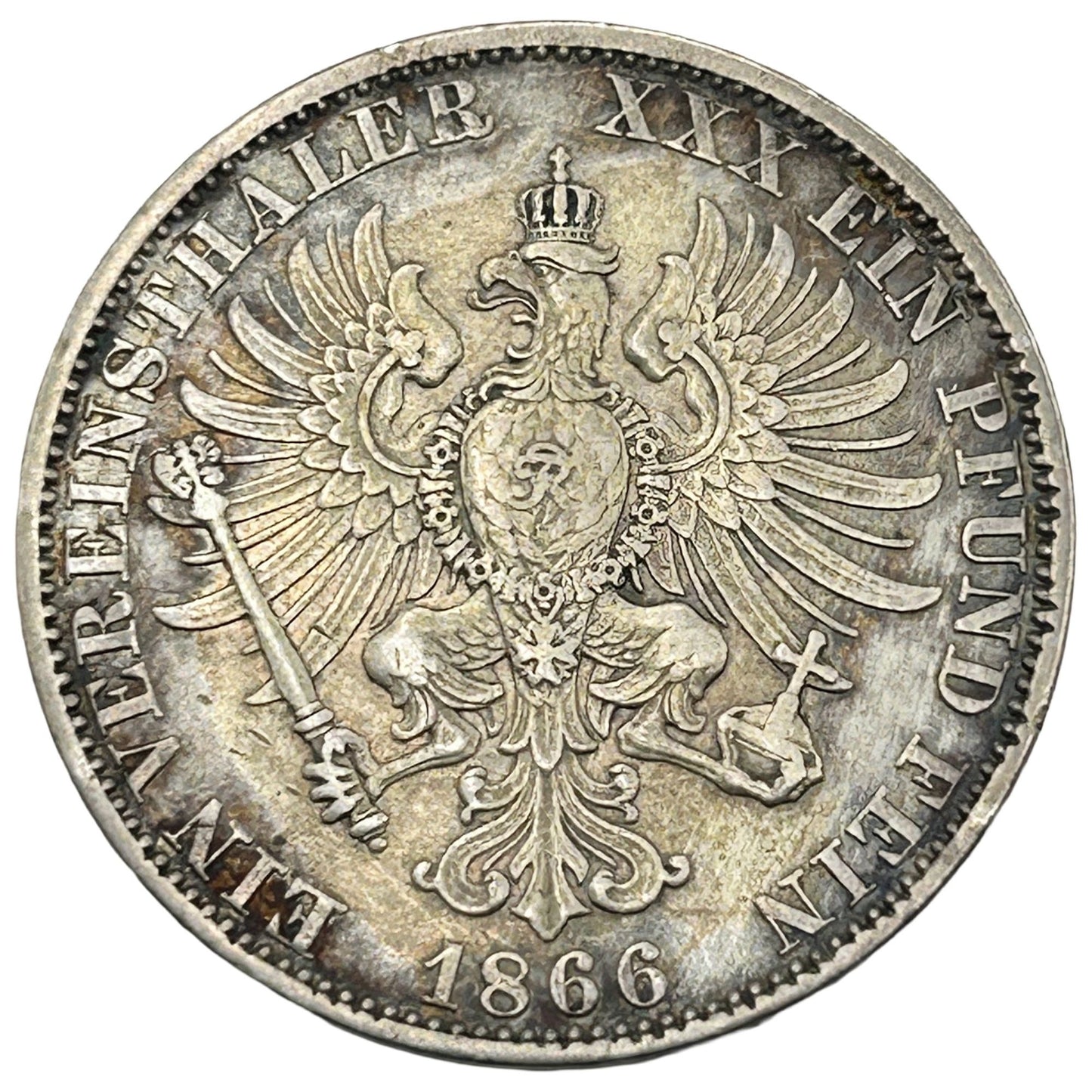 1866-A Preussen 1 Vereinsthaler German States Silver Coin - King William I