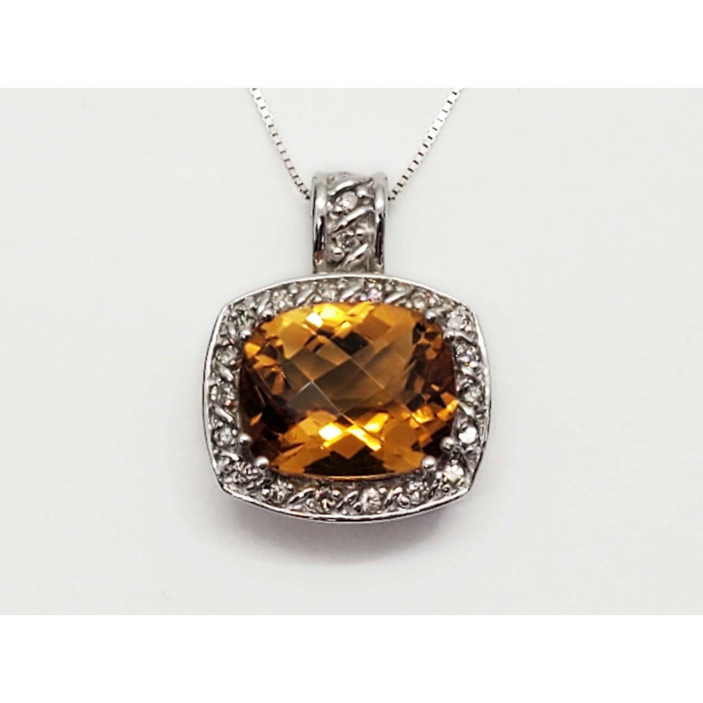 3.68 ctw Fancy Cushion Citrine & Diamond Halo Pendant 14k White Gold