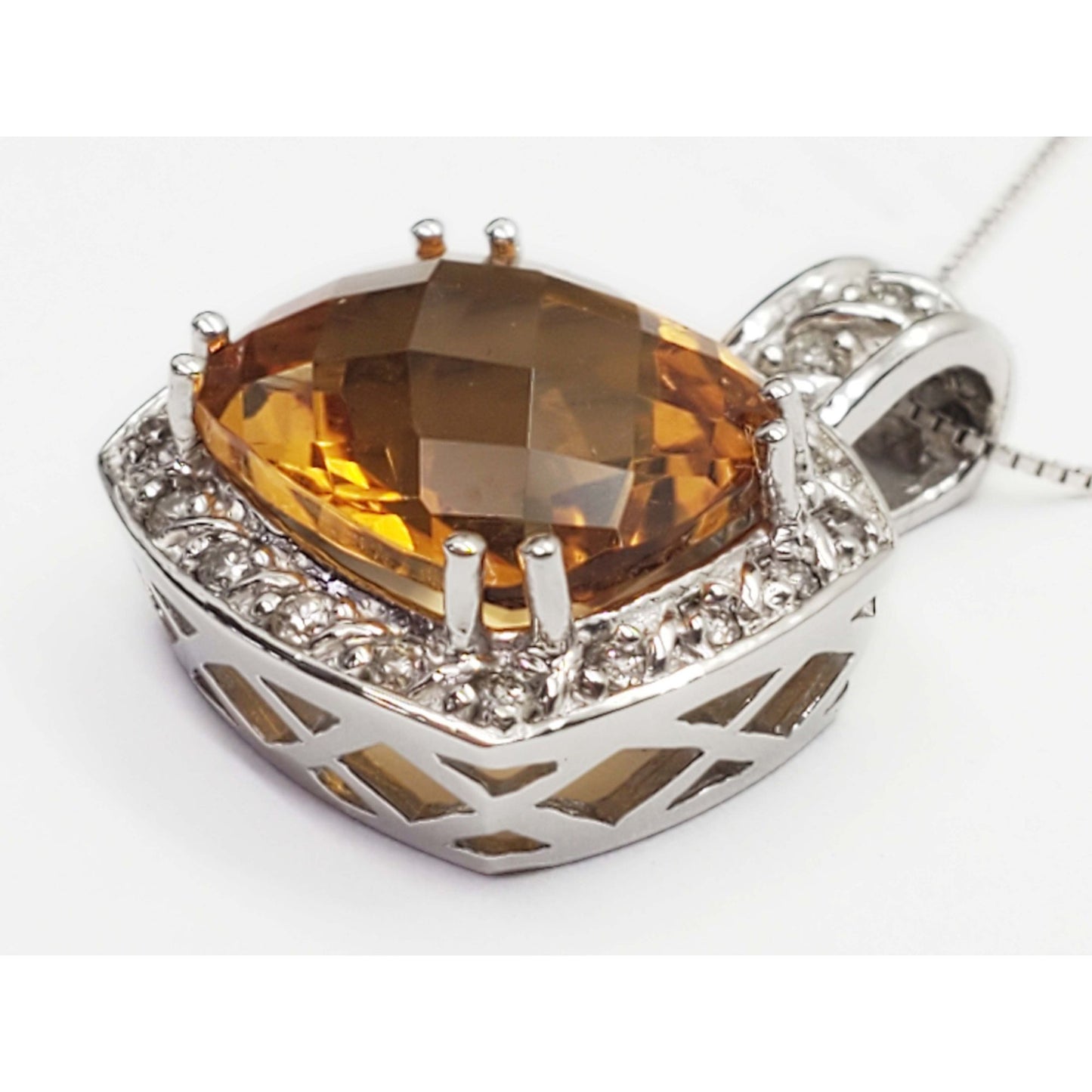 3.68 ctw Fancy Cushion Citrine & Diamond Halo Pendant 14k White Gold