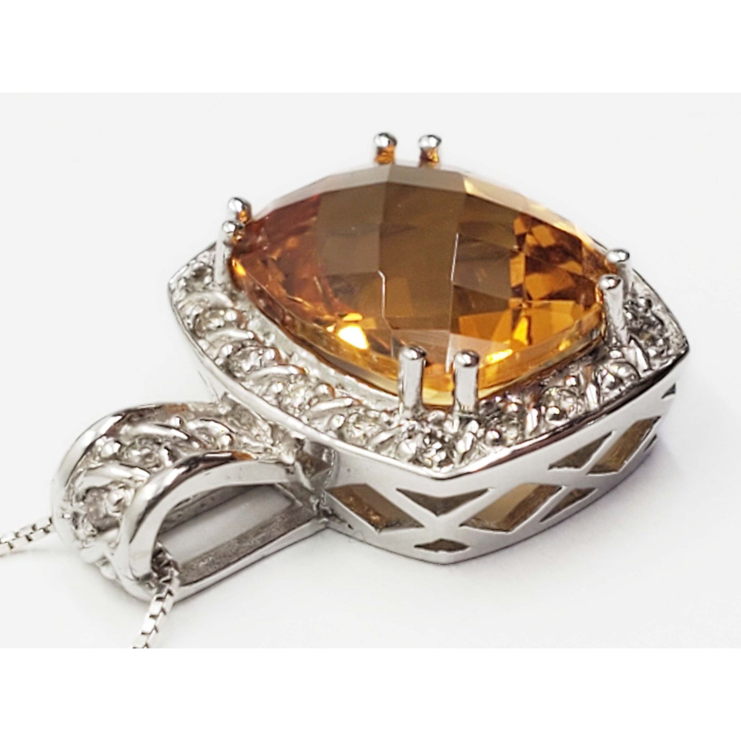 3.68 ctw Fancy Cushion Citrine & Diamond Halo Pendant 14k White Gold