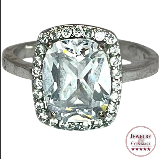 925 Sterling Silver Oval Cut Rectangle Halo CZ Ring Size 7 Engagement Bridal