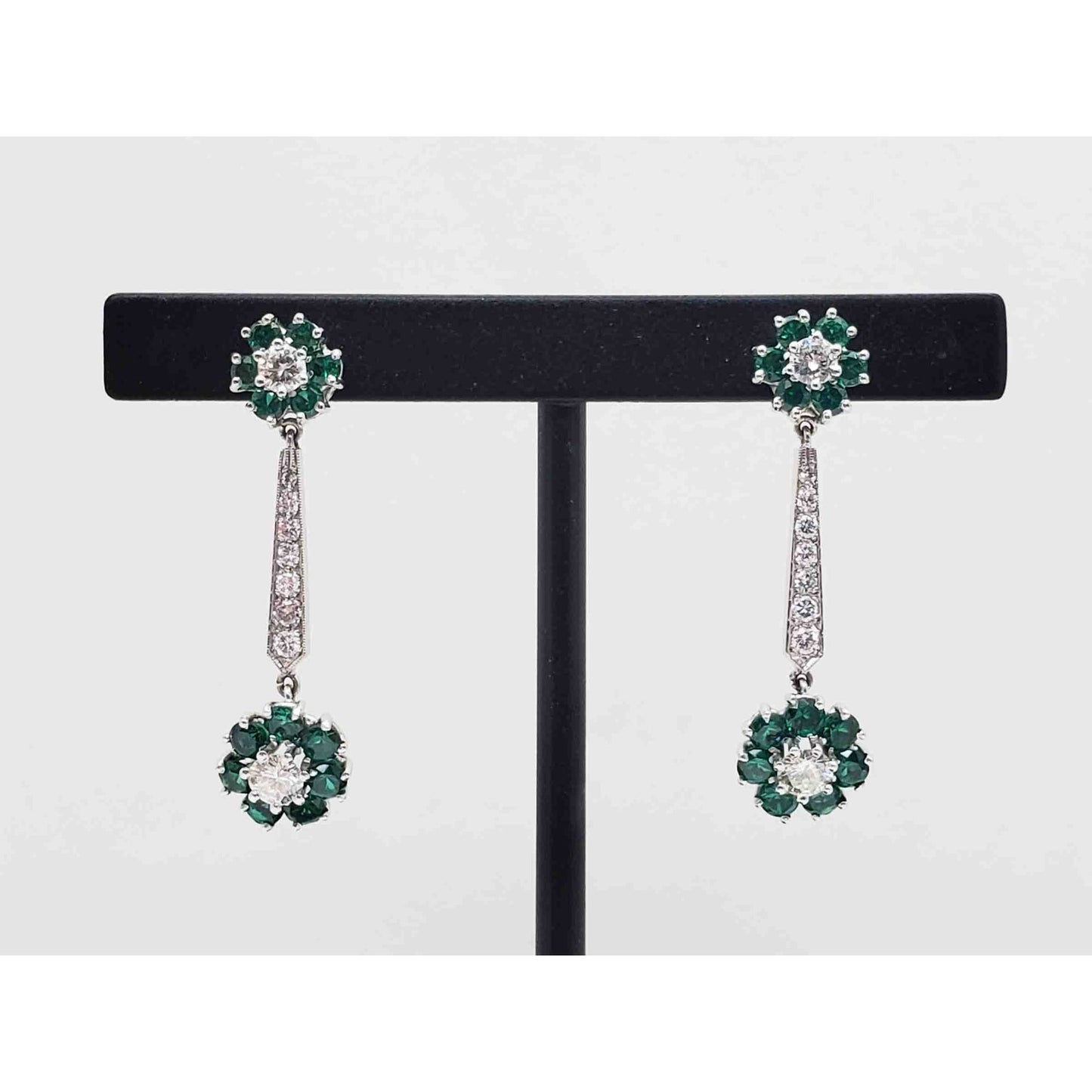 2.11 ctw Synthetic Green Spinel & Natural Diamond Dangle Earrings 14k White Gold
