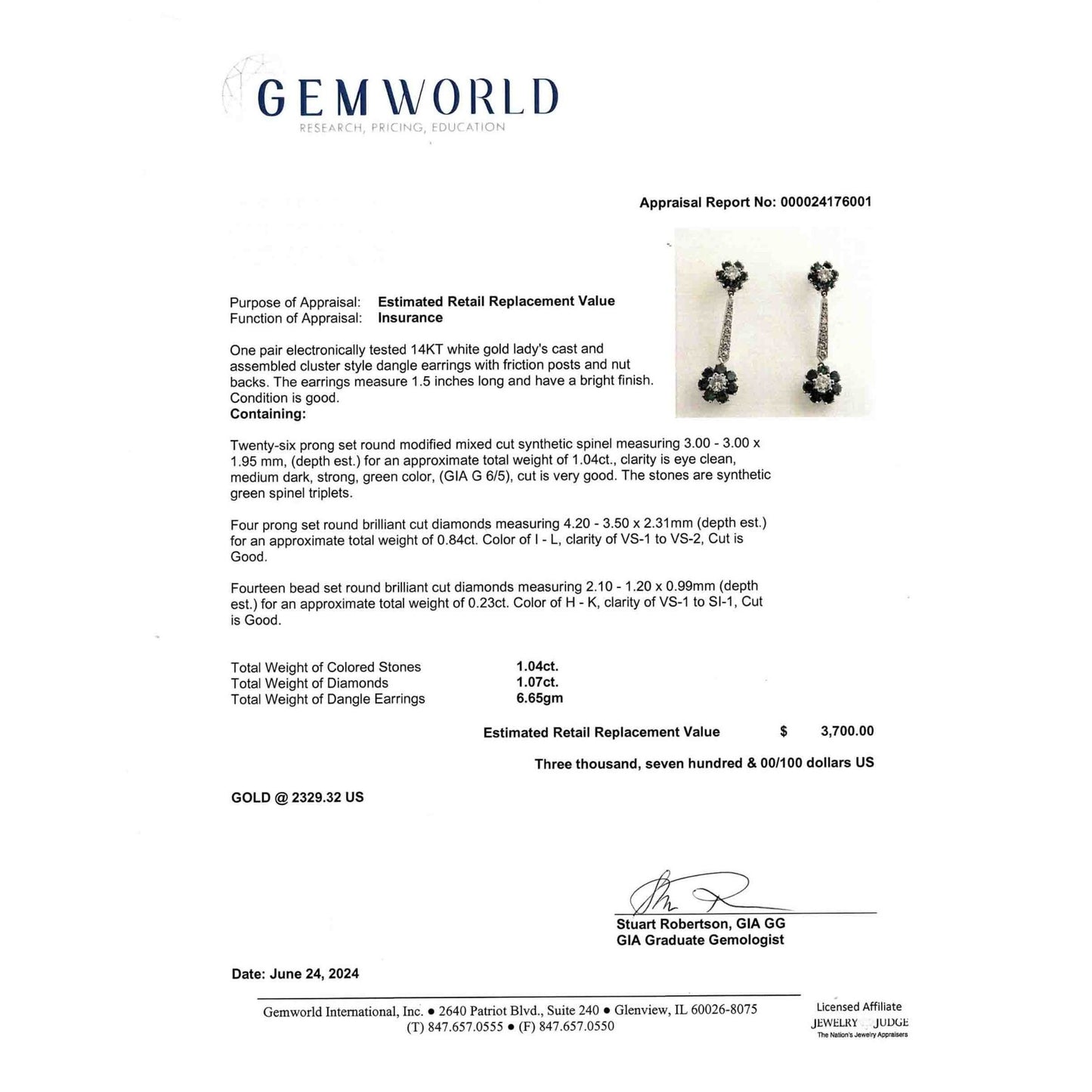 2.11 ctw Synthetic Green Spinel & Natural Diamond Dangle Earrings 14k White Gold