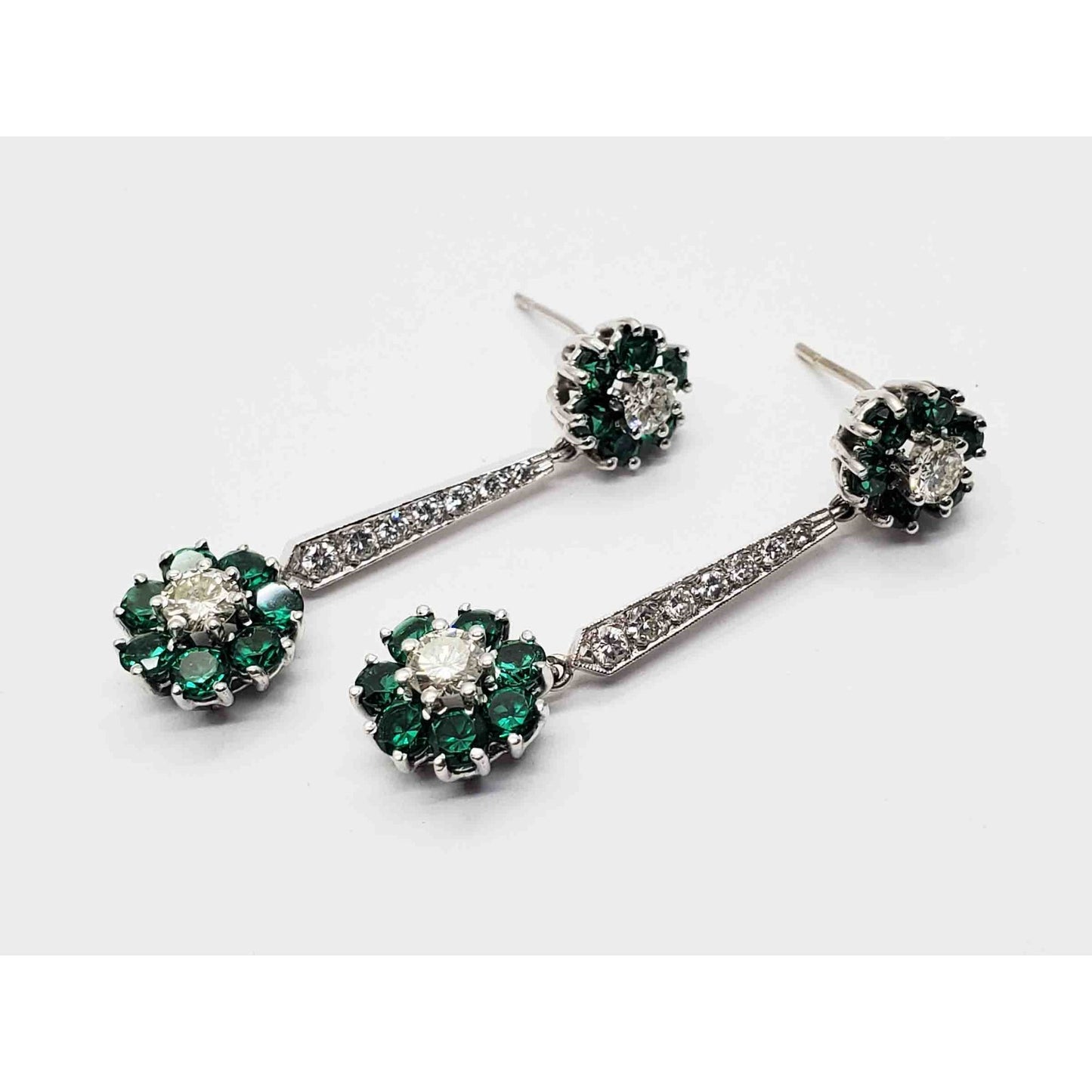 2.11 ctw Synthetic Green Spinel & Natural Diamond Dangle Earrings 14k White Gold