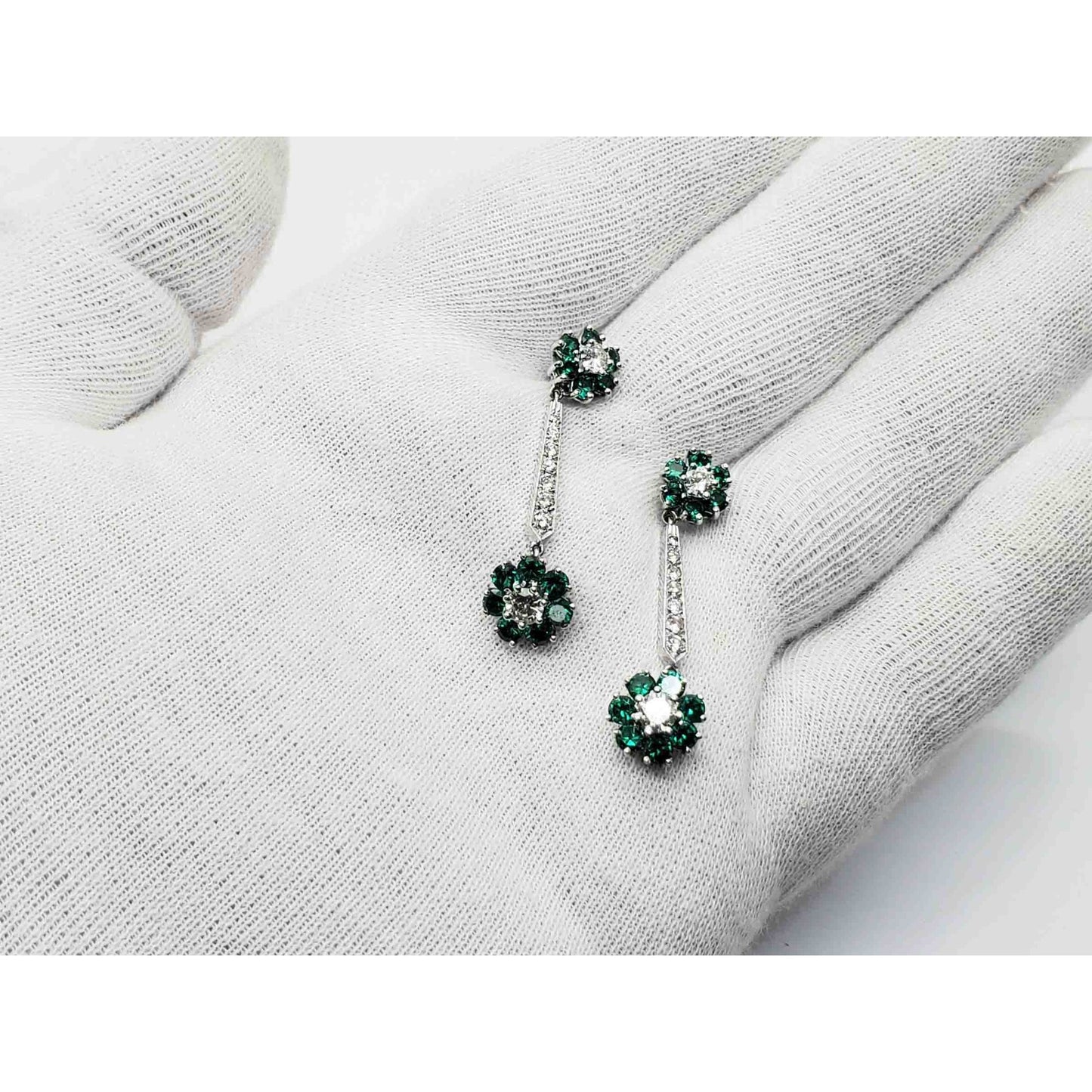 2.11 ctw Synthetic Green Spinel & Natural Diamond Dangle Earrings 14k White Gold