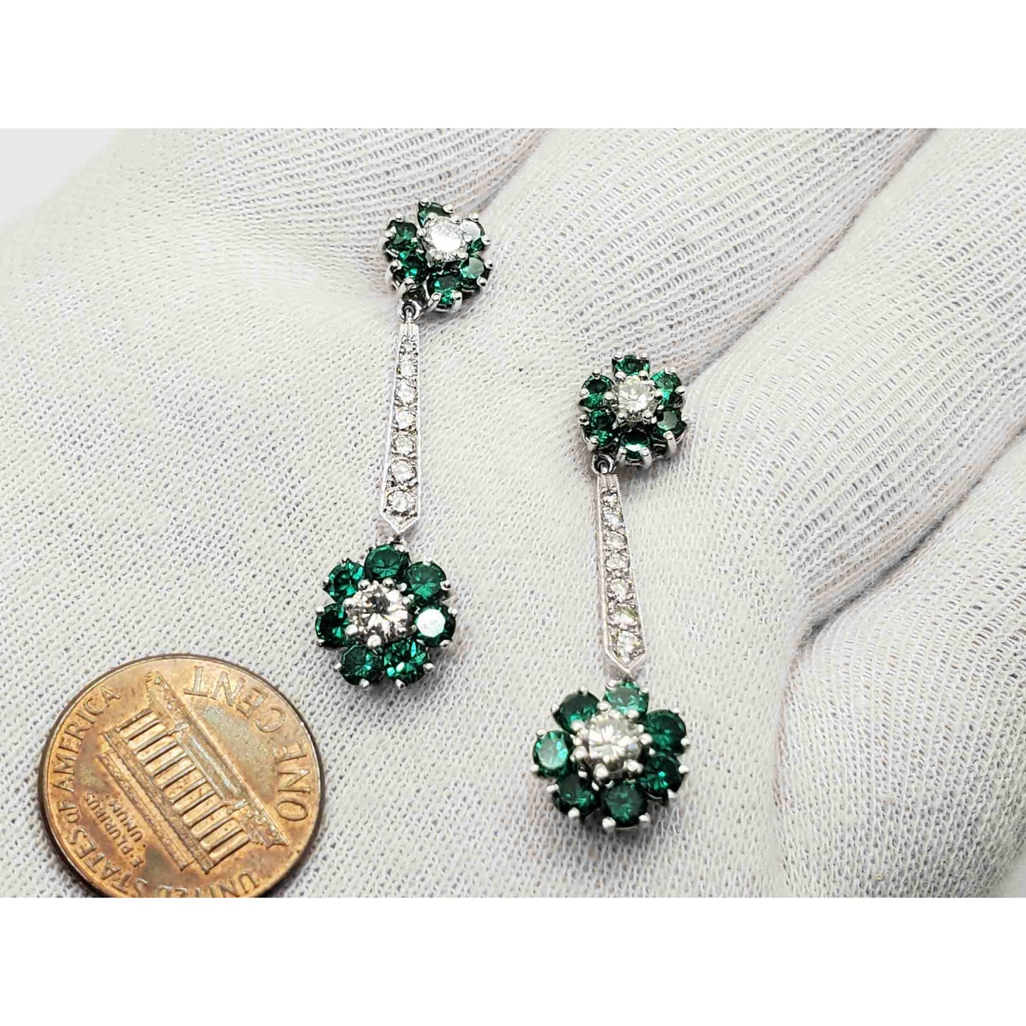 2.11 ctw Synthetic Green Spinel & Natural Diamond Dangle Earrings 14k White Gold