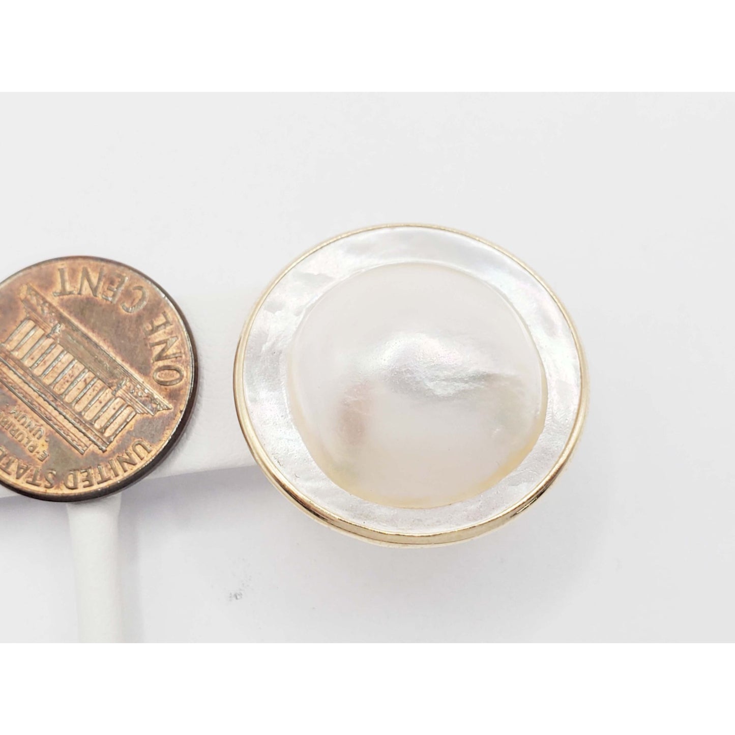 26.2mm Wide Mabe Blister Pearl Cabochon Omega Pierced Earrings 14k Gold