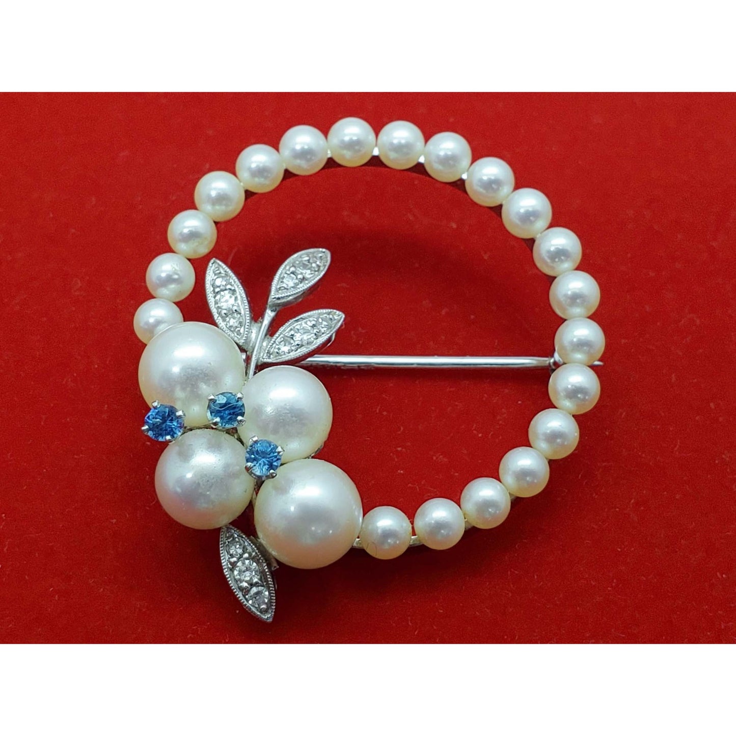 Vintage Pearl Sapphire Diamond Brooch Pin 14k White Gold