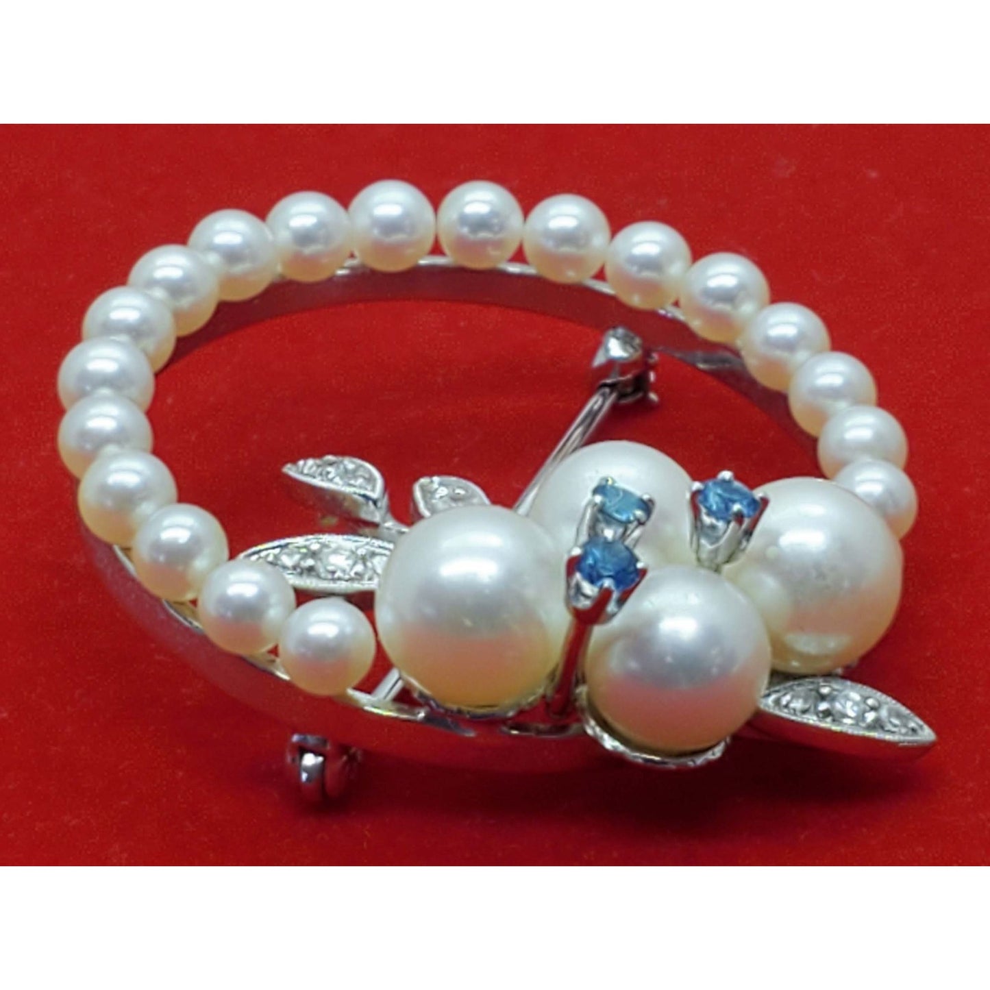 Vintage Pearl Sapphire Diamond Brooch Pin 14k White Gold