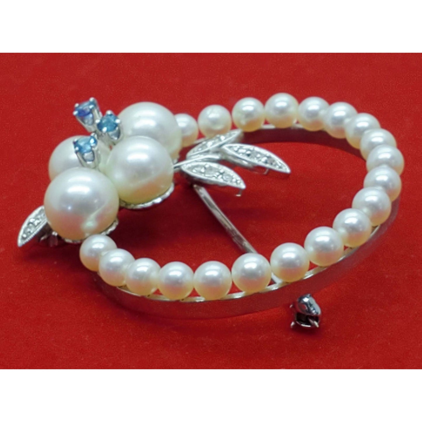 Vintage Pearl Sapphire Diamond Brooch Pin 14k White Gold