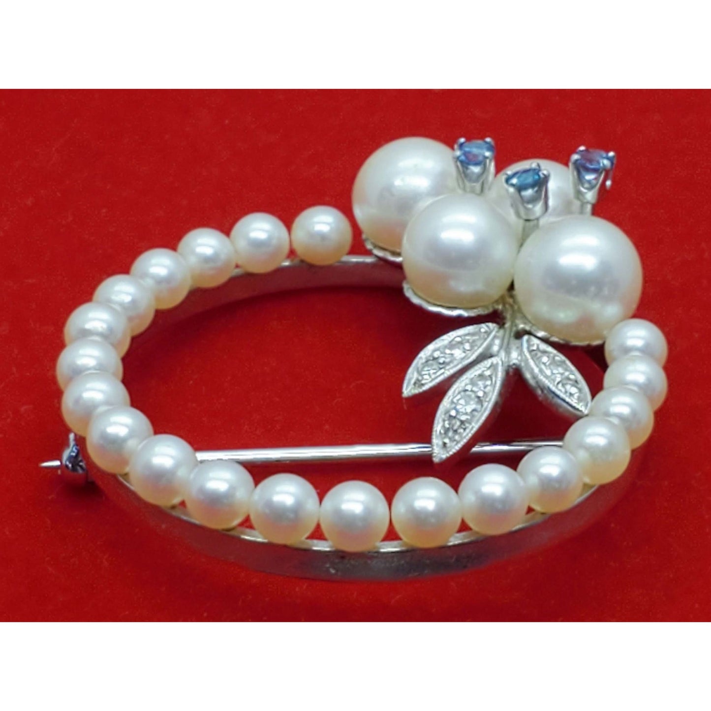 Vintage Pearl Sapphire Diamond Brooch Pin 14k White Gold