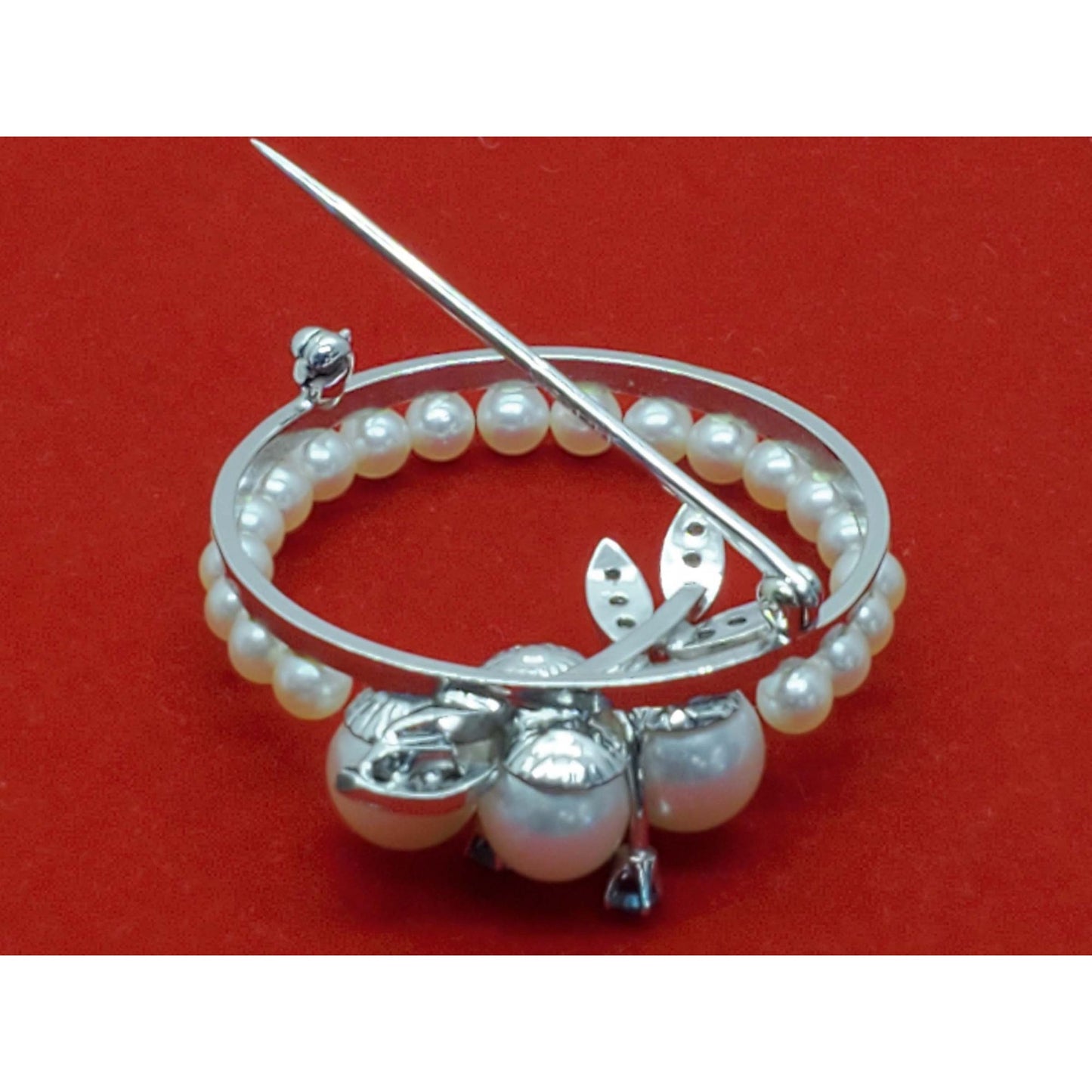 Vintage Pearl Sapphire Diamond Brooch Pin 14k White Gold