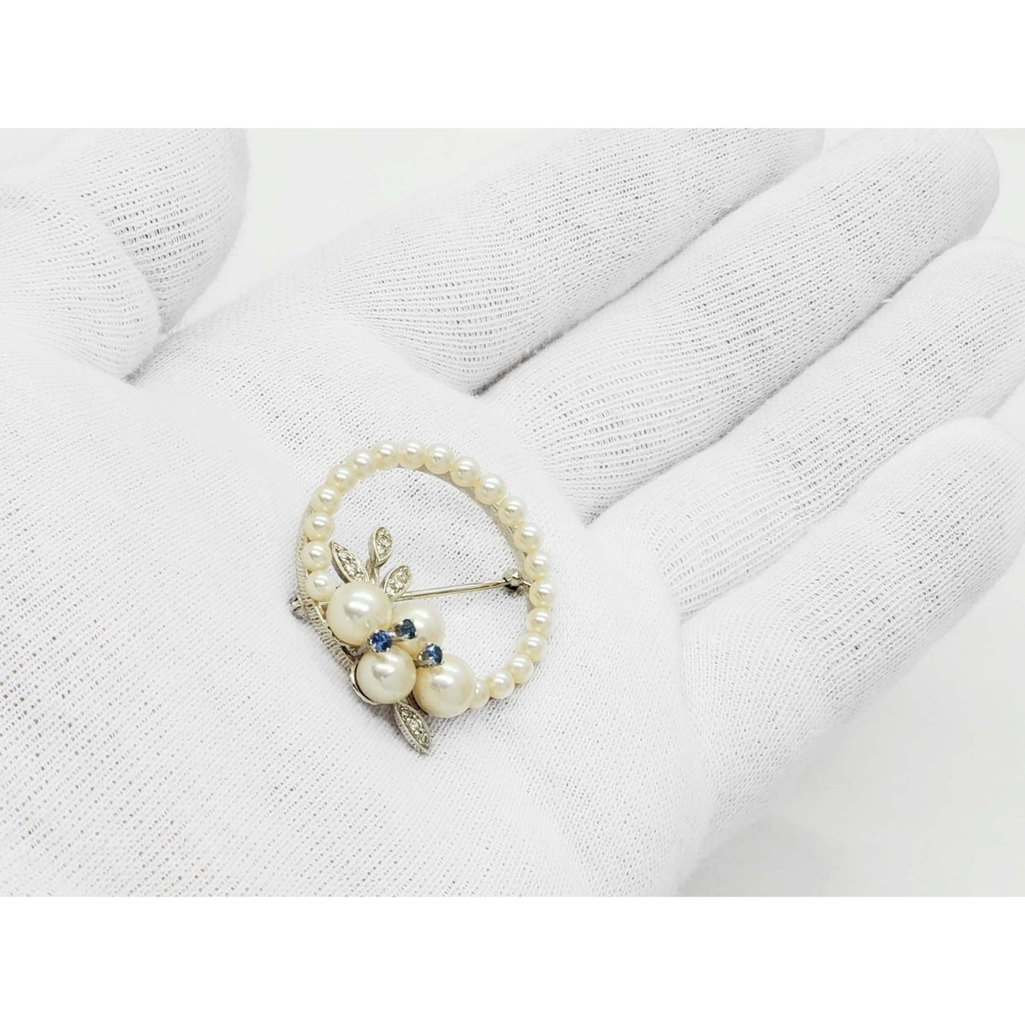 Vintage Pearl Sapphire Diamond Brooch Pin 14k White Gold