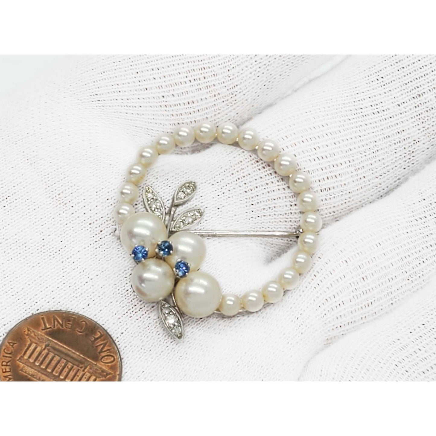 Vintage Pearl Sapphire Diamond Brooch Pin 14k White Gold