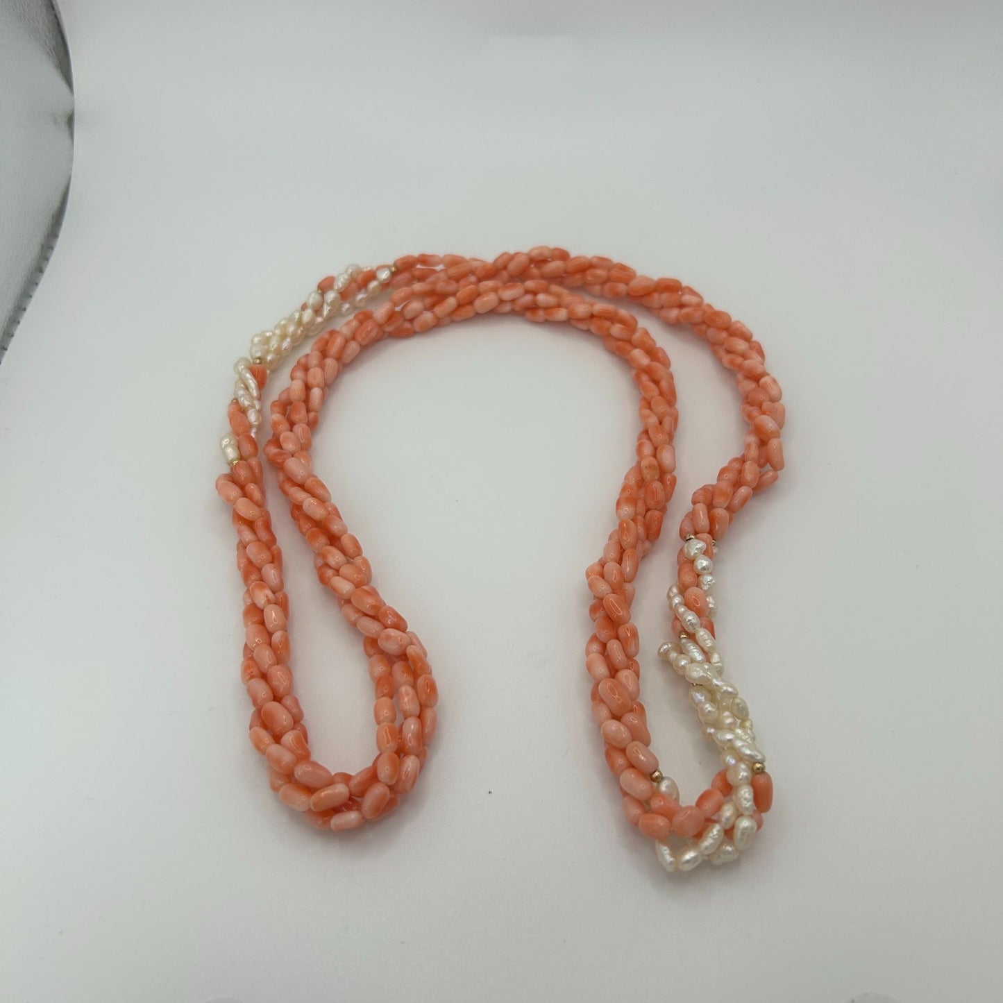 Angel Skin Coral 4 Strand 32" Twisted Necklace with Fresh Water Pearls