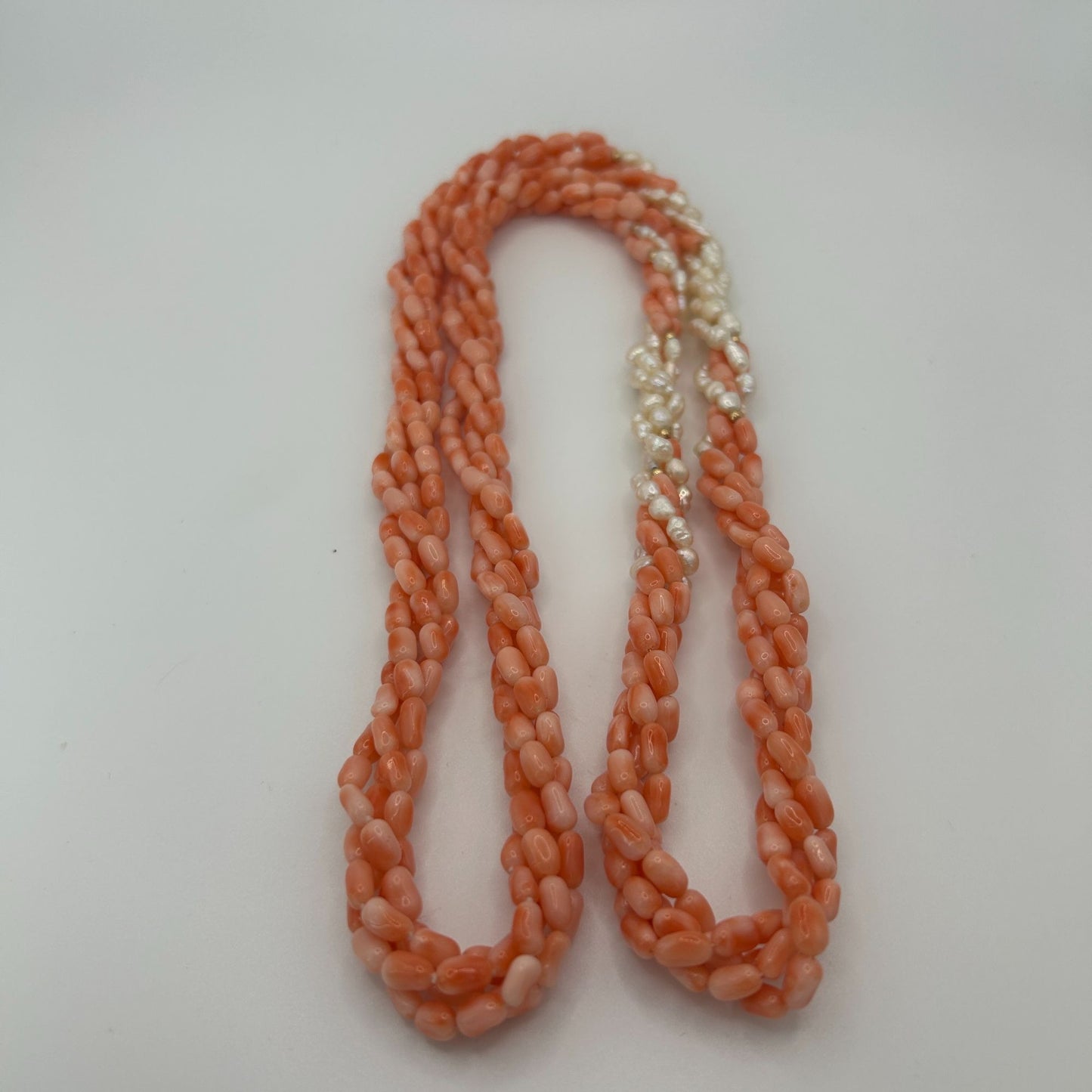 Angel Skin Coral 4 Strand 32" Twisted Necklace with Fresh Water Pearls
