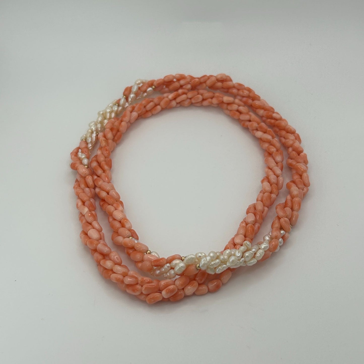 Angel Skin Coral 4 Strand 32" Twisted Necklace with Fresh Water Pearls