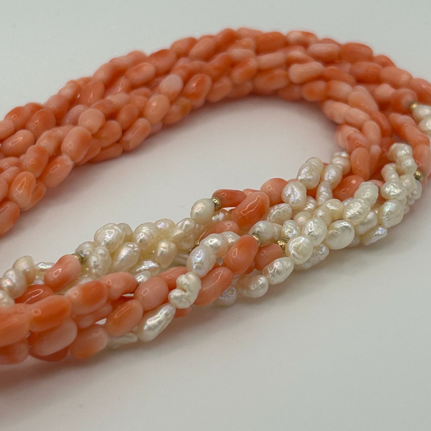 Angel Skin Coral 4 Strand 32" Twisted Necklace with Fresh Water Pearls