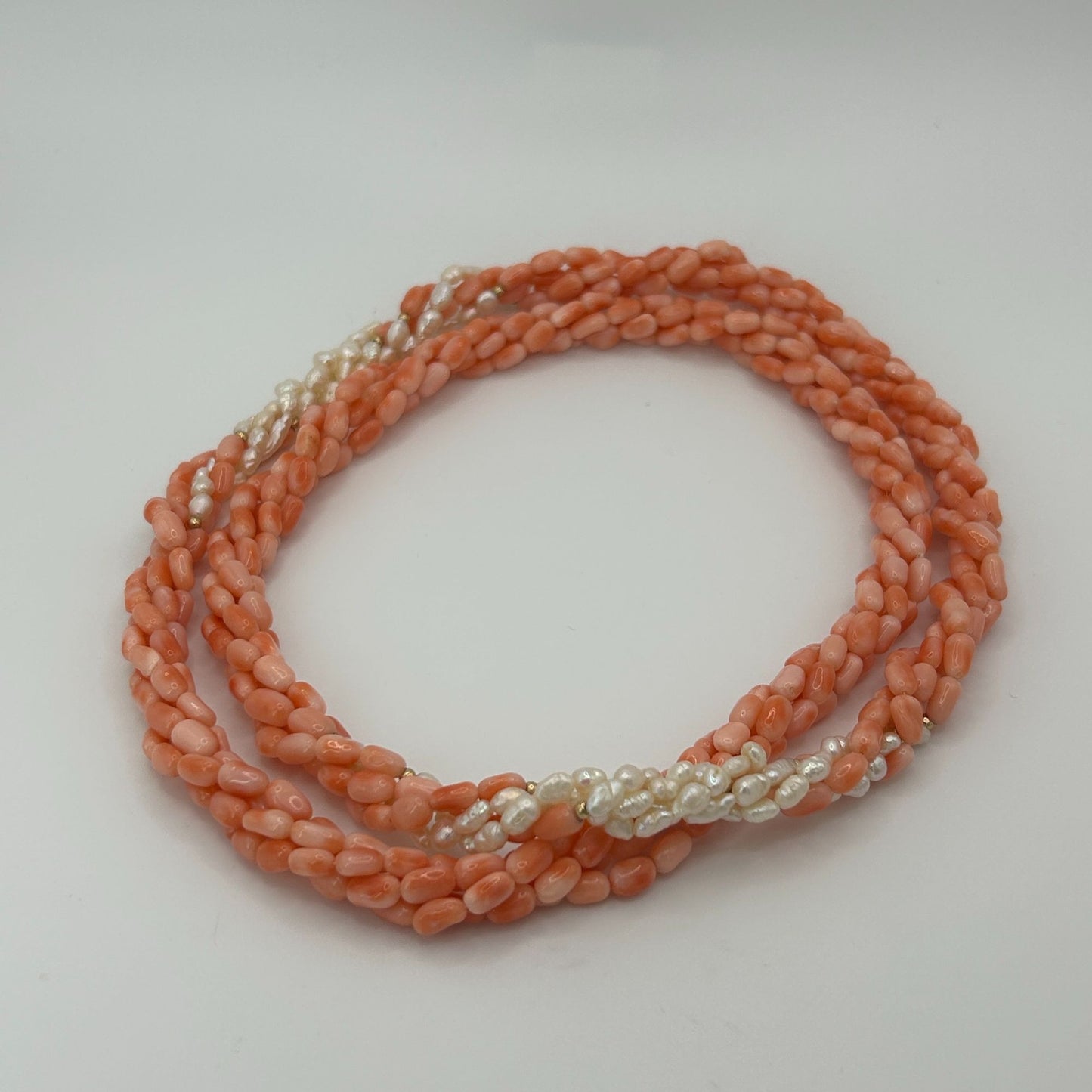 Angel Skin Coral 4 Strand 32" Twisted Necklace with Fresh Water Pearls