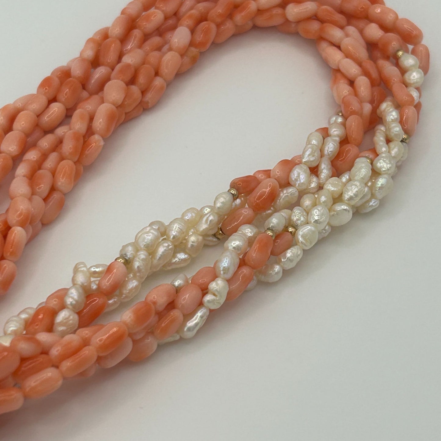 Angel Skin Coral 4 Strand 32" Twisted Necklace with Fresh Water Pearls