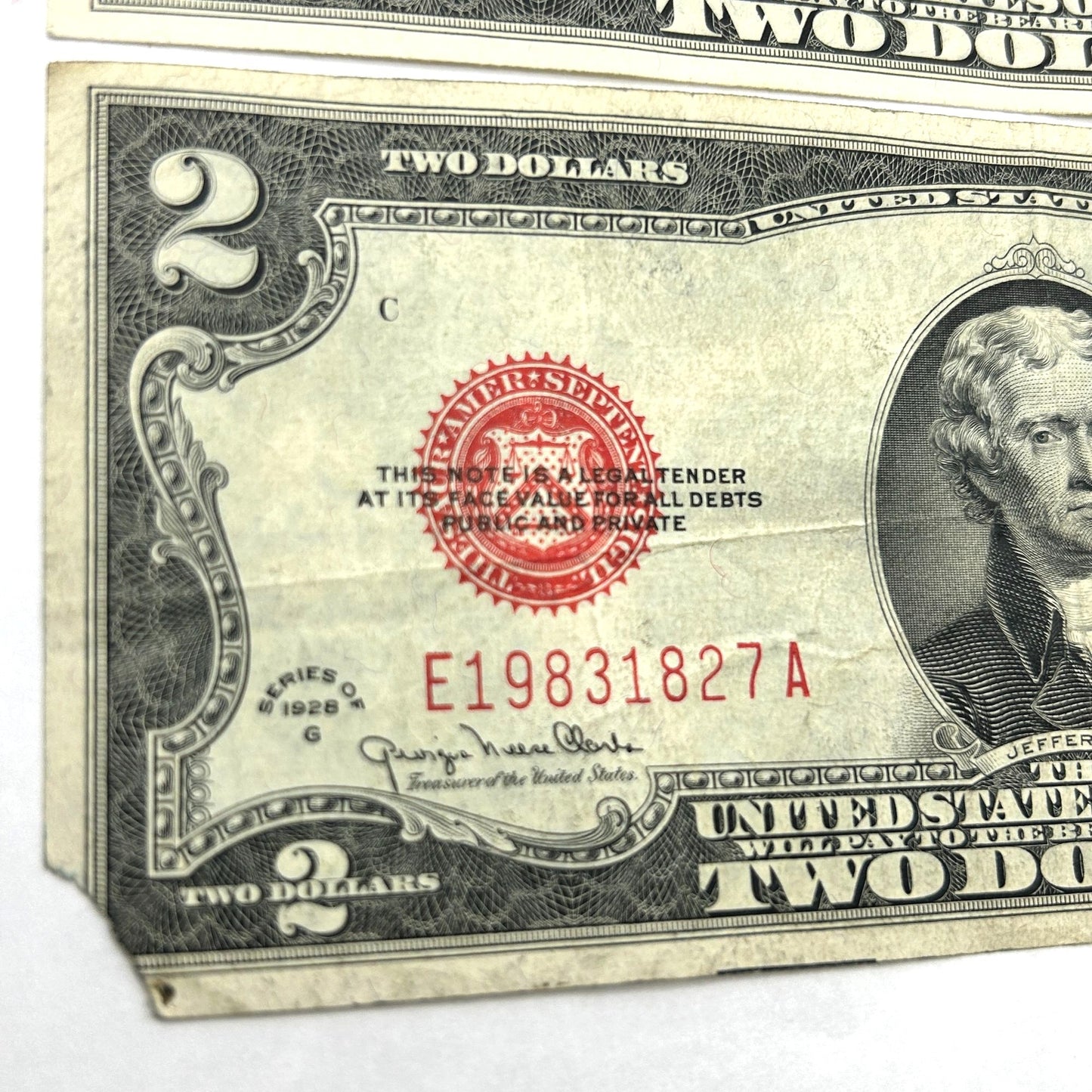 LOT OF 3 Series of 1928-G $2 Two Dollar Bill - Red Seal, Circulated, Slightly OC