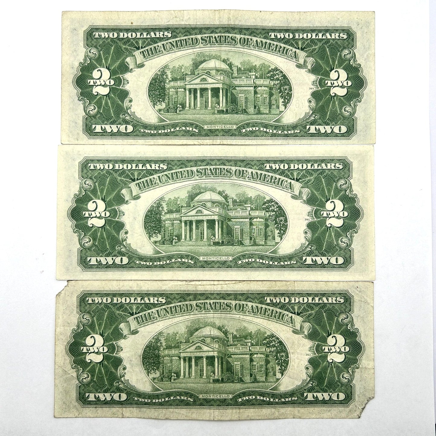 LOT OF 3 Series of 1928-G $2 Two Dollar Bill - Red Seal, Circulated, Slightly OC