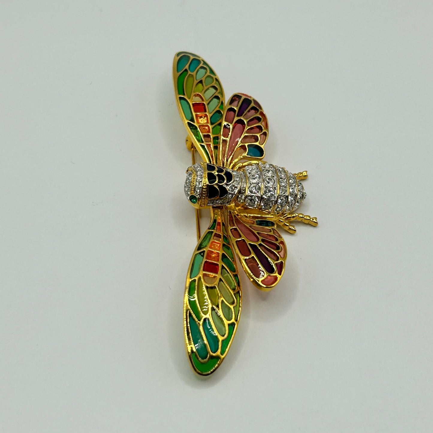Vintage Joan Rivers Cicada Bug Plique-a-Jour Stain Glass & Crystal Pin Brooch
