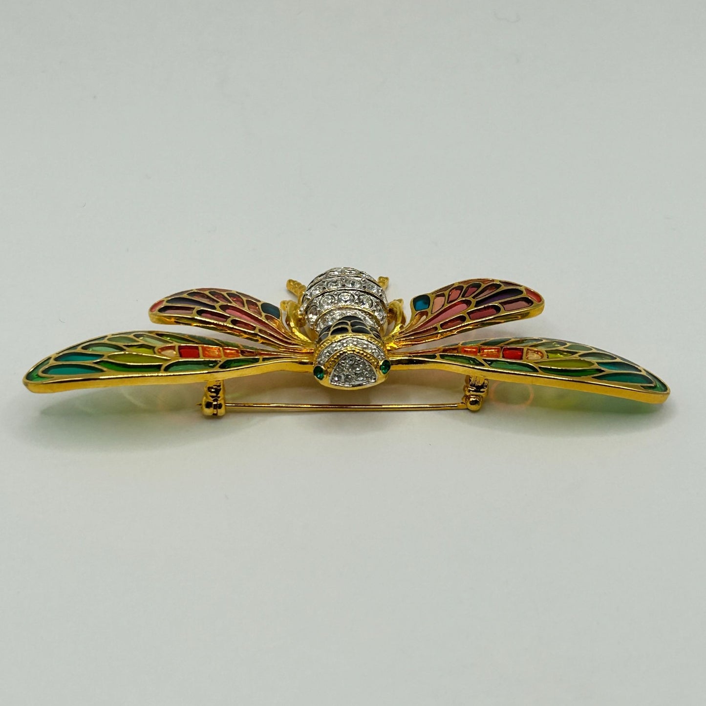 Vintage Joan Rivers Cicada Bug Plique-a-Jour Stain Glass & Crystal Pin Brooch