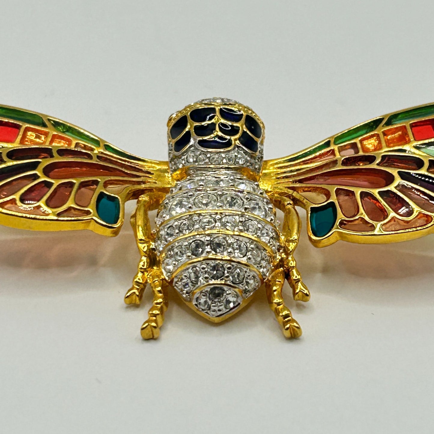 Vintage Joan Rivers Cicada Bug Plique-a-Jour Stain Glass & Crystal Pin Brooch