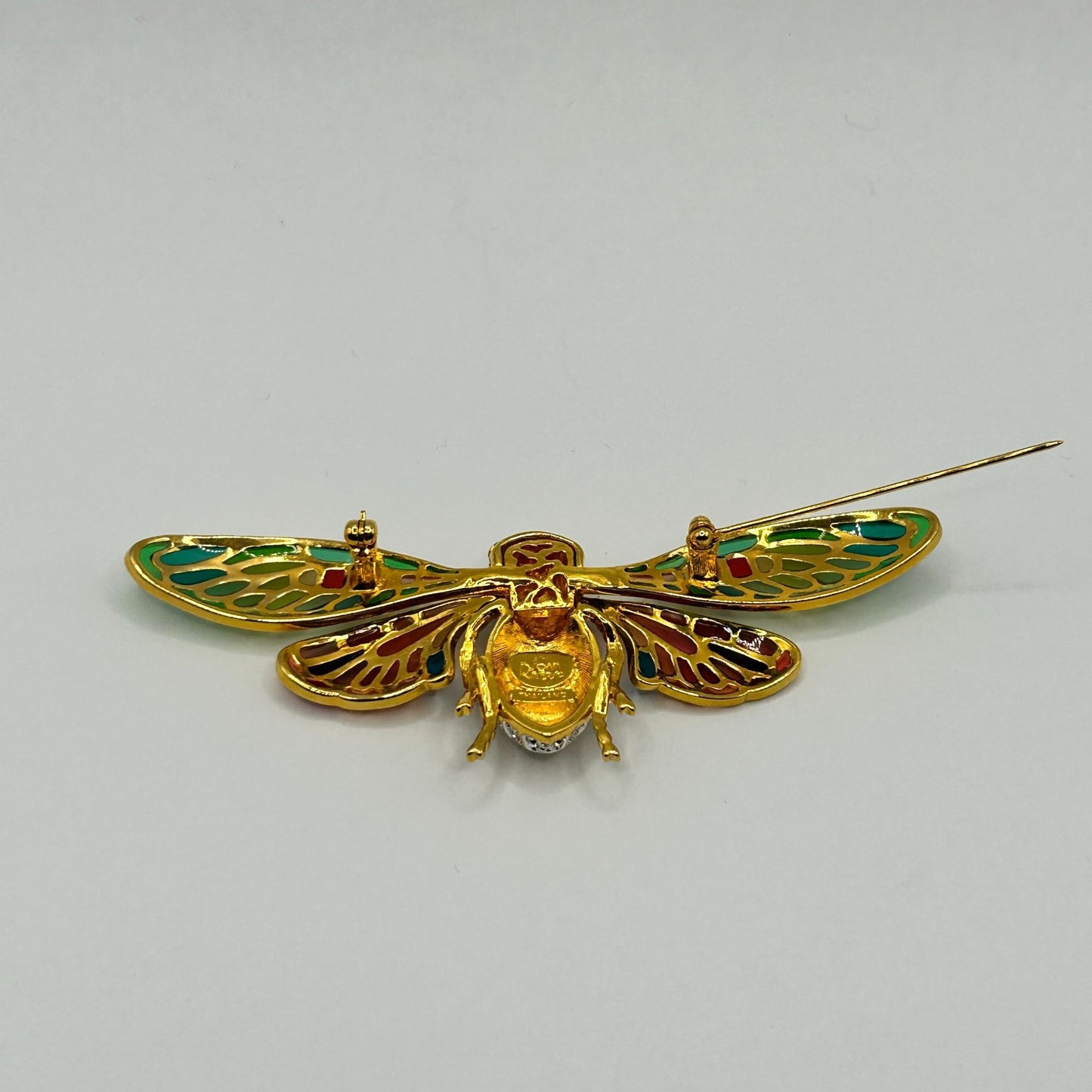 Vintage Joan Rivers Cicada Bug Plique-a-Jour Stain Glass & Crystal Pin Brooch