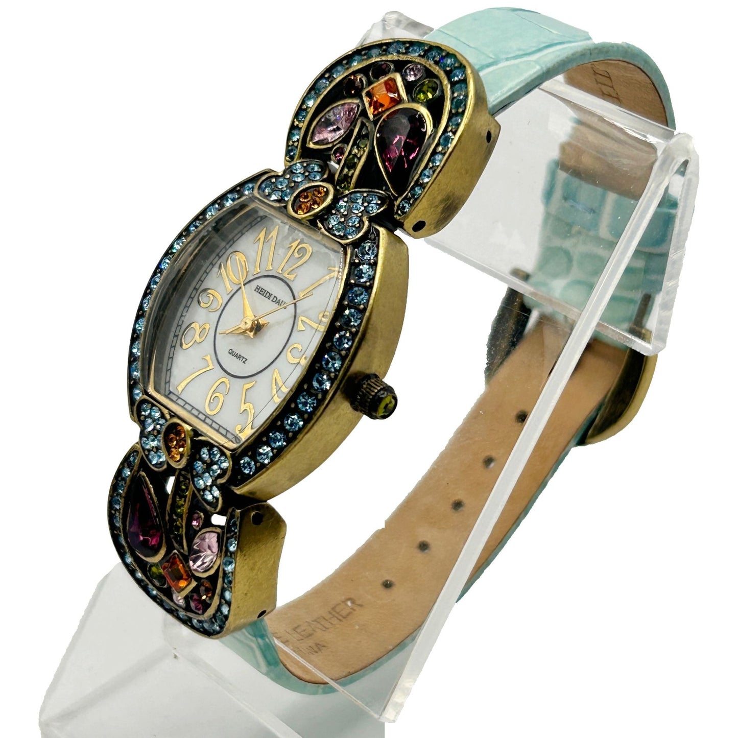 Heidi Daus Vintage Pastel Crystal Watch with Aqua Leather Strap - Needs Battery