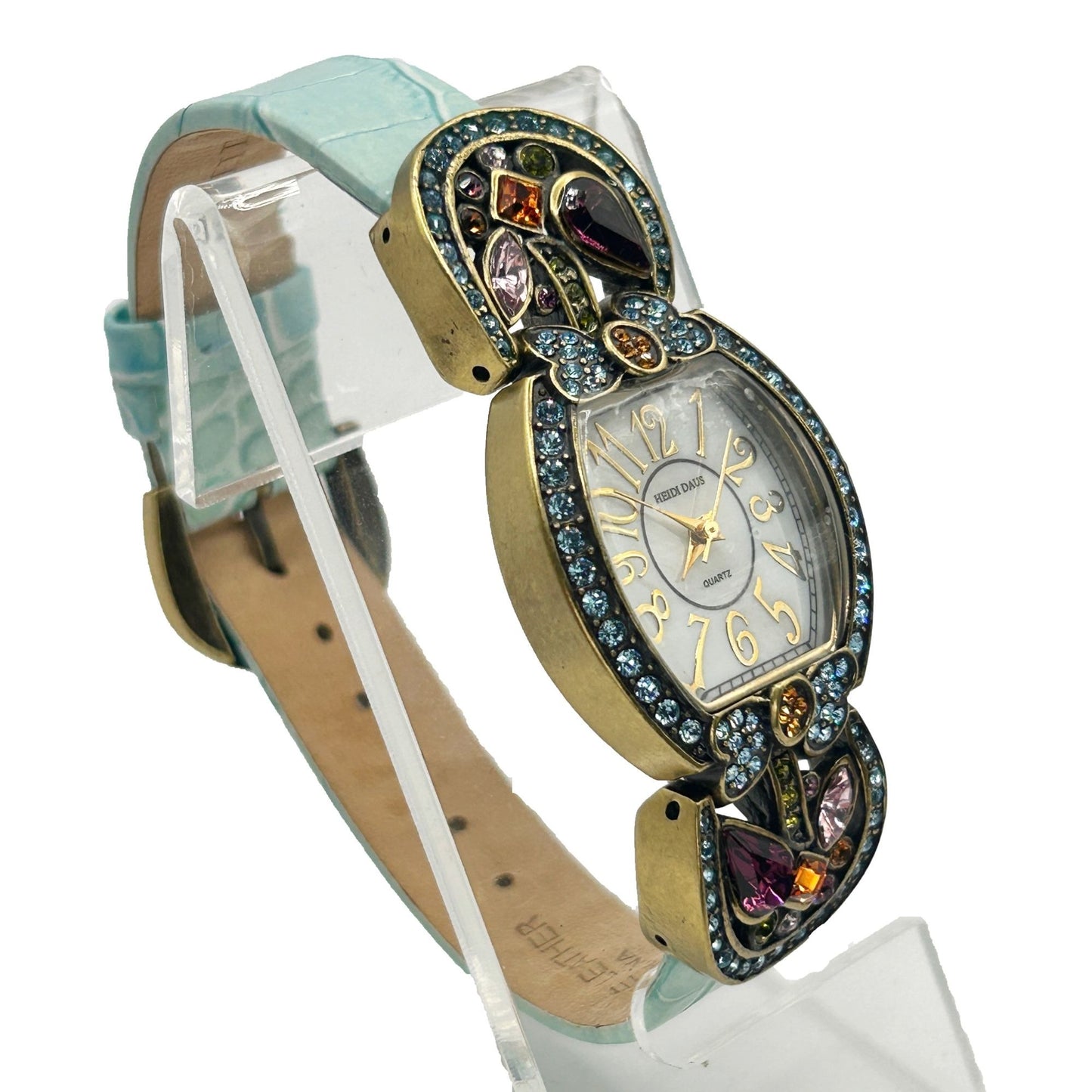 Heidi Daus Vintage Pastel Crystal Watch with Aqua Leather Strap - Needs Battery
