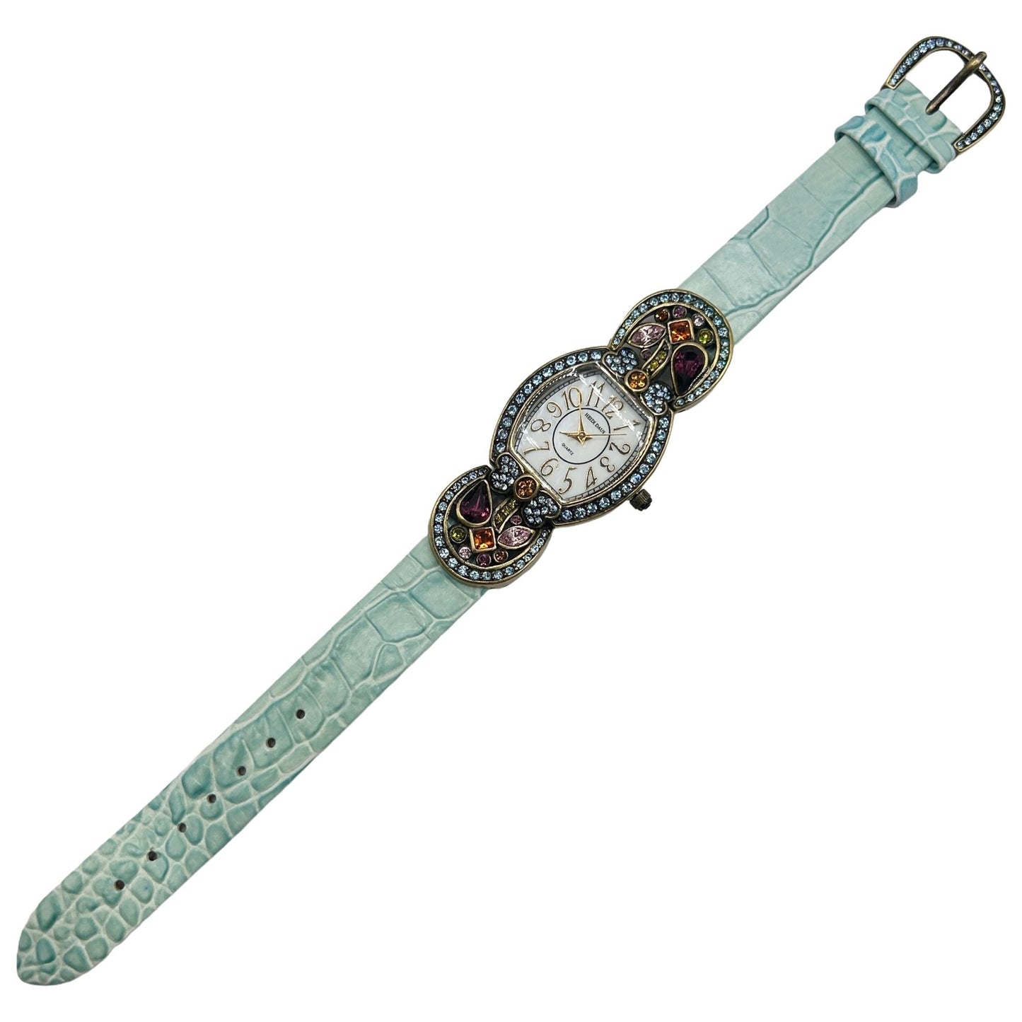 Heidi Daus Vintage Pastel Crystal Watch with Aqua Leather Strap - Needs Battery